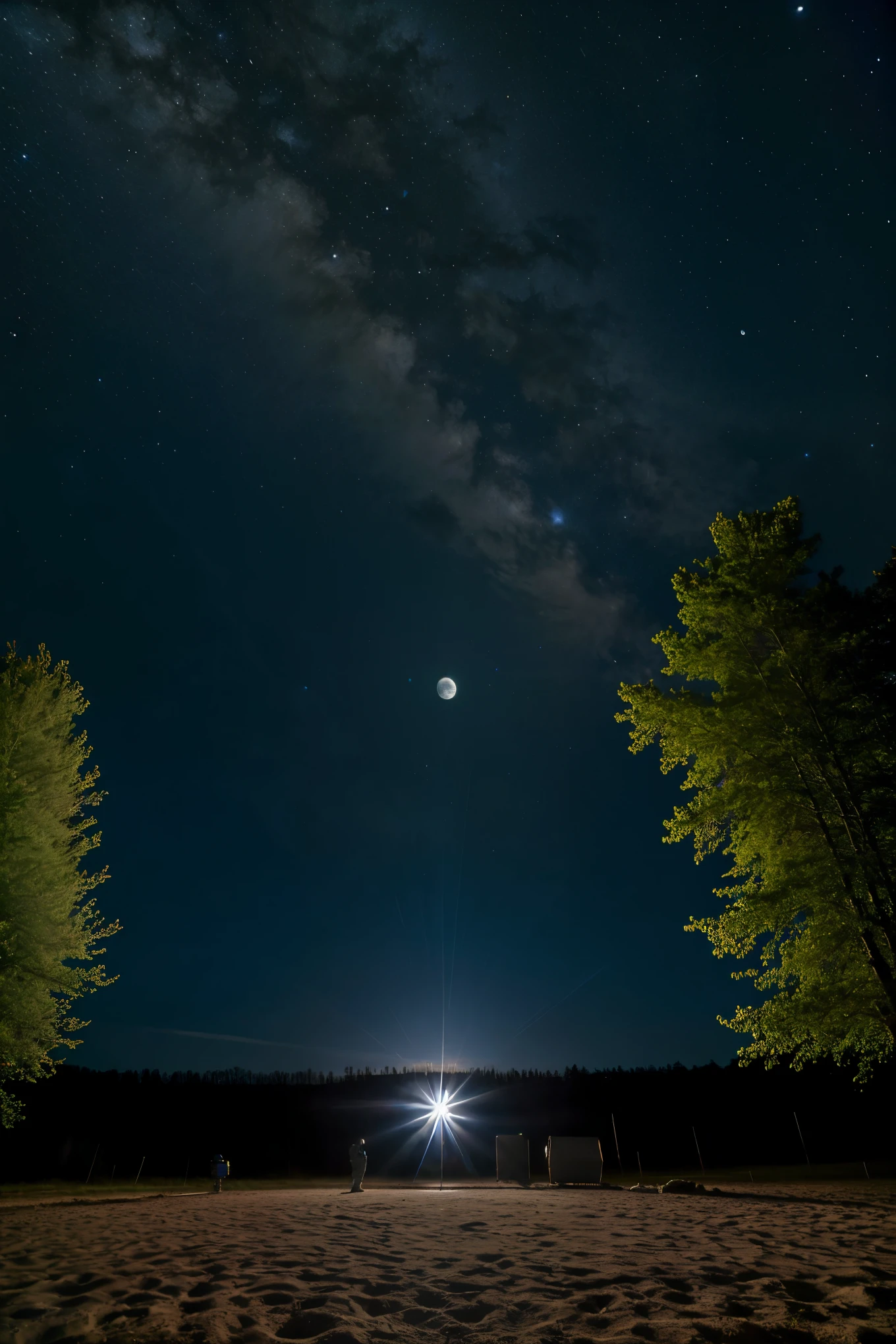((Best quality)), ((masterpiece)), (detailed), moonlight landscape, scientific station, three people in spacesuits working outside. The blue Earth is visible far in the sky. The sun is not visible in the frame!!! There are no trees, dark sky!
