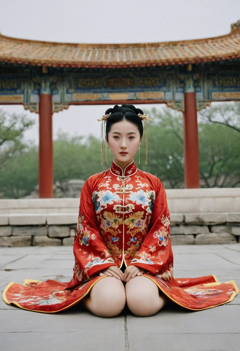 A woman seen from the front, sitting facing forward with her legs apart. A 20-year-old Qing dynasty empress in the Chinese imperial court during the Qing dynasty. The empress is wearing a red Manchu outfit with a floral pattern and is open at the front, revealing her chest, lower abdomen, thighs and feet.。She is wearing no underwear, and her large breasts are exposed, right down to her bare stomach. Her hair is tied up and pulled up, and the background is the stone pavement of the Chinese palace of the Qing Dynasty.