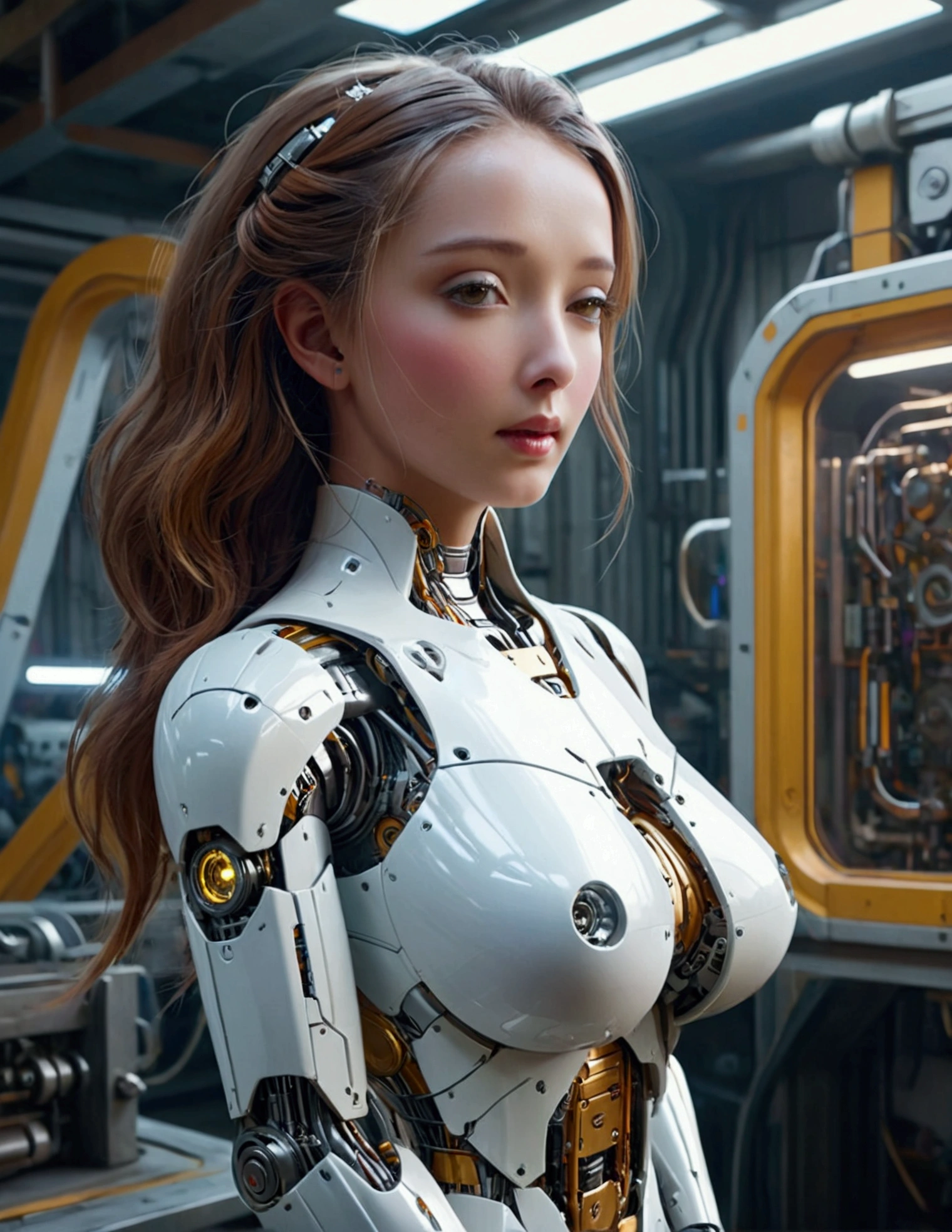 a lovely female robot, obviously mechanical, lifelike face, few open maintenance panels, standing in a machine shop on a space ship, highly detailed, intricate mechanical details, cinematic lighting, vibrant colors, futuristic, 4k, photorealistic, masterpiece, hyper detailed, exquisite craftsmanship, seamless integration of organic and inorganic elements, dynamic pose, emotive expression, cinematic atmosphere, stunning realism, mesmerizing mechanical elegance, expertly rendered