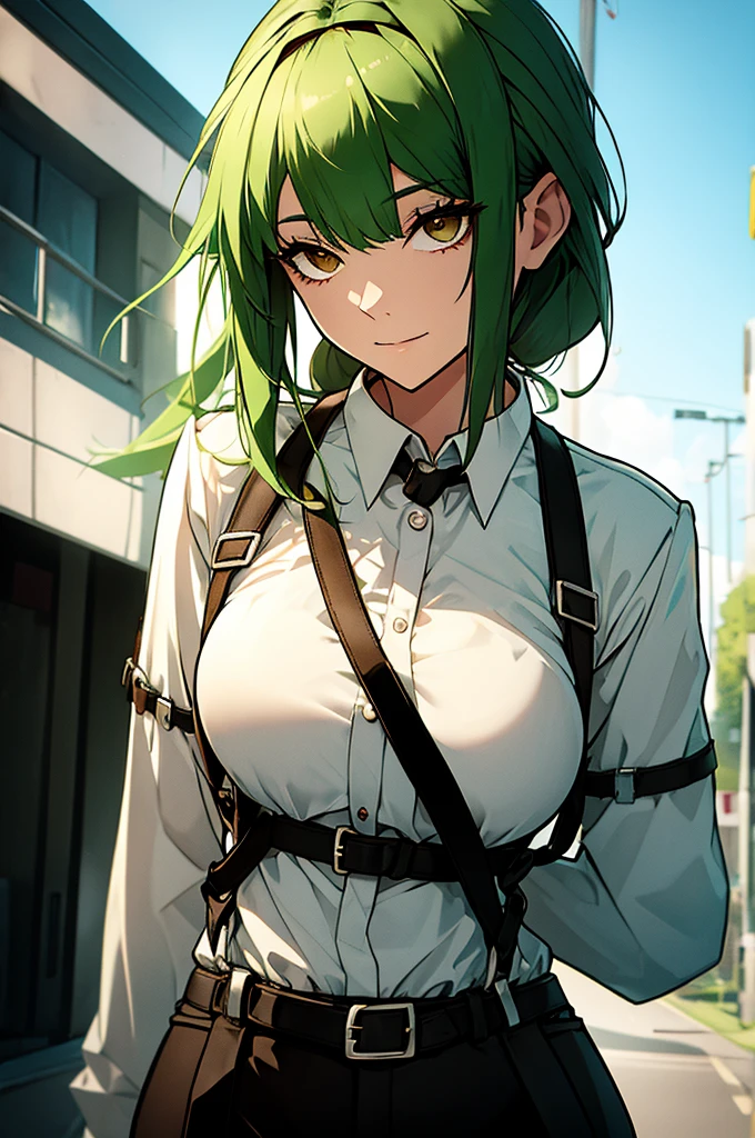 beautiful woman with green hair and harness belts white-black uniform and brown eyes