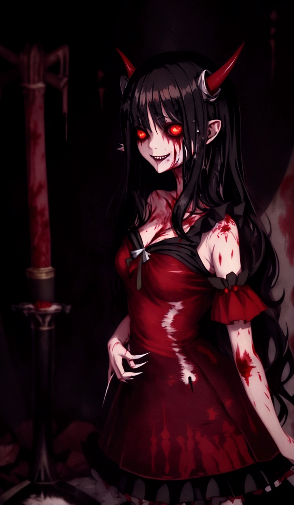 (Highest quality,4K,High resolution,masterpiece:1.2),Very detailed,Realistic:1.37,Spooky altar background,Dark fantasy,Red color scheme,Ominous atmosphere,Eye-catching,Storytelling,anatomy,Anime Style,Concept Art,beautiful細部までこだわった顔と (((Red eyes ))),A terrifying ritual ,Satanic Ritual,Premature death,inappropriate behavior,クレイジーなsmile,Scythe Face,Girl Monster, beautiful, Delicate facial features, Sharp Eye, Sharp Fangs, pale skin, Thick chain, Dark Background, Cinema Lighting, Dramatic Shadows, Gothic style, Gloomy atmosphere, Dark fantasy, One Girl, , Please open your mouth wide, Open your mouth and baring your teeth,Sharp teeth like a beast, Wide lips, very wide mouth, Vermilion cheeks, ,(Blood splatter:1.4),Scary smile, smile,Fallen angel design, Twisted smile、Bloody、bleeding from the head,,,,,、Blood splatter、,(Blood splatter:1.4),Crossbones, skull,Horror Style, ((Fantasy Fallen Angel Costume)), ((Flowing black hair)), ,(Blood splatter:1.4),Female curves, Sexy flat stomach, Perfect hands, Perfect anime face, ((White Lolita Dress)), Are standing, ((邪悪なsmile)), ,(Blood splatter:1.4), Steam circulates, Moonlight Illumination, night lighting, disaster々new devil horns,,(Blood splatter:1.6),アニメFallen angel design, Twisted smile、Bloody、bleeding from the head,,,,,、Blood splatter、,(Blood splatter:1.4),Crossbones, skull,Gothic architecture、Western architecture、Fantasy World、,Victorian cities, Skeleton Gas Light,Absurd, High resolution、 ((Tabletop)), ((Highest quality)), (Very detailedな), ((Very detailed)), (beautiful), ((pretty girl)), (NFSW:1.8), alone,(10 years old:1.6)、(world&#39;The most terrifying and creepy demon girl:1.5)beautiful face、Whole Body Ezbian、pale, Beautiful Skin、beautiful黒の髪、Smiling Kindly、Dark building ruins、(snow white&#39;Frill dress:1.3)、(The dark ruins are stained with blood:1.3)、Low angle full body shot、(少女は血の海の中にAre standing:1.5)、(The ground is full of blood:1.3)、(The girl lost a lot of blood...:1.3)、)、(クレイジーなsmile:1.6)、Spirits、(Blood dripping from the mouth:1.3)