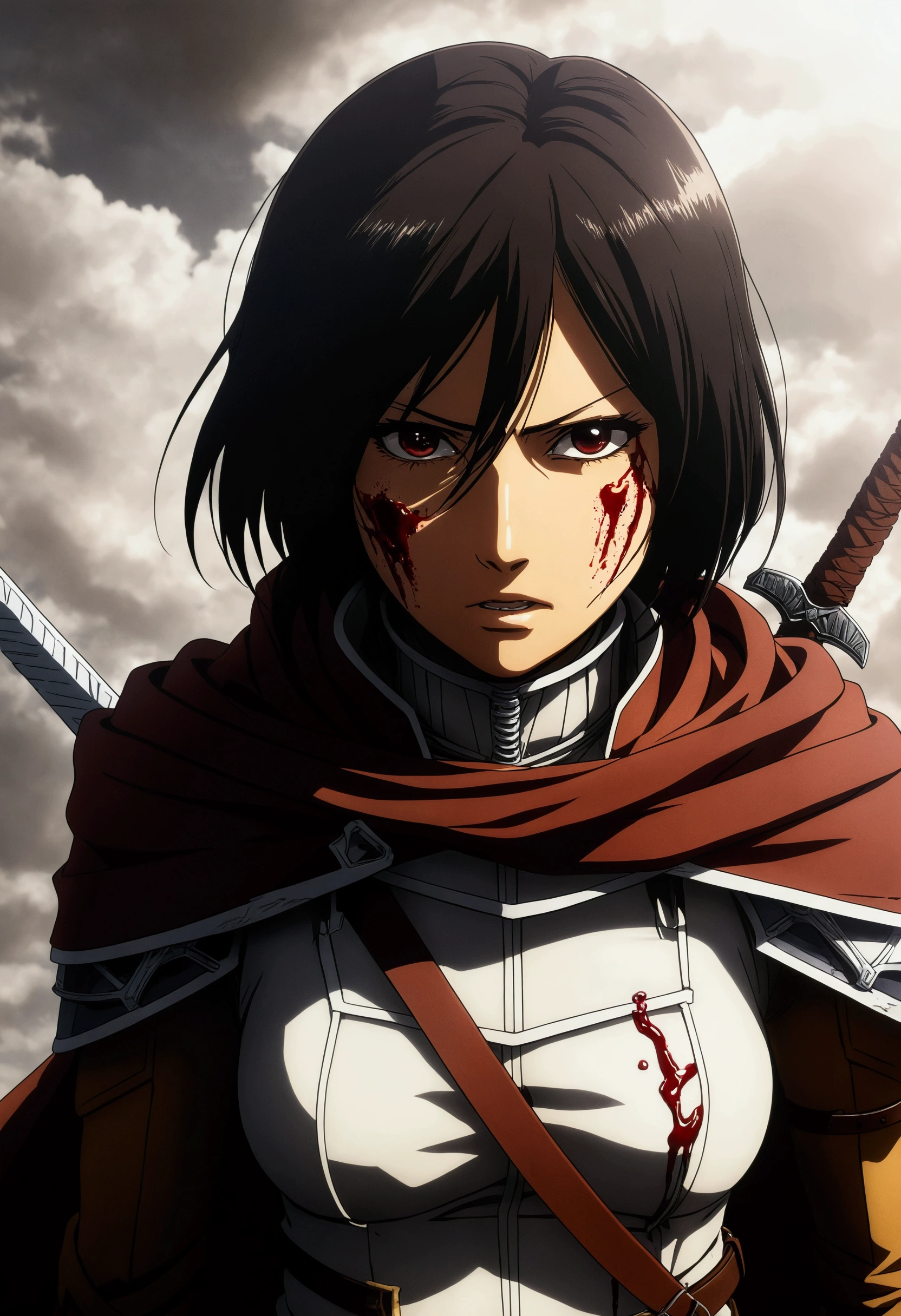 Mikasa Photos, Brave warrior "Attack on Titan," Standing on the head of a decapitated giant. Her blade is still dripping with Titan blood., Mikasa has a look of mixed exhaustion and triumph on her face.. The photo was taken from a high angle, Showcasing the vastness of the battlefield and the overwhelming presence of fallen Titans. The lighting is too bright, Cast dramatic shadows that add depth to your scene. This striking image is、Captures the contrast between weakness and strength。, Symbolizes Mikasa's unwavering determination to protect those she loves.