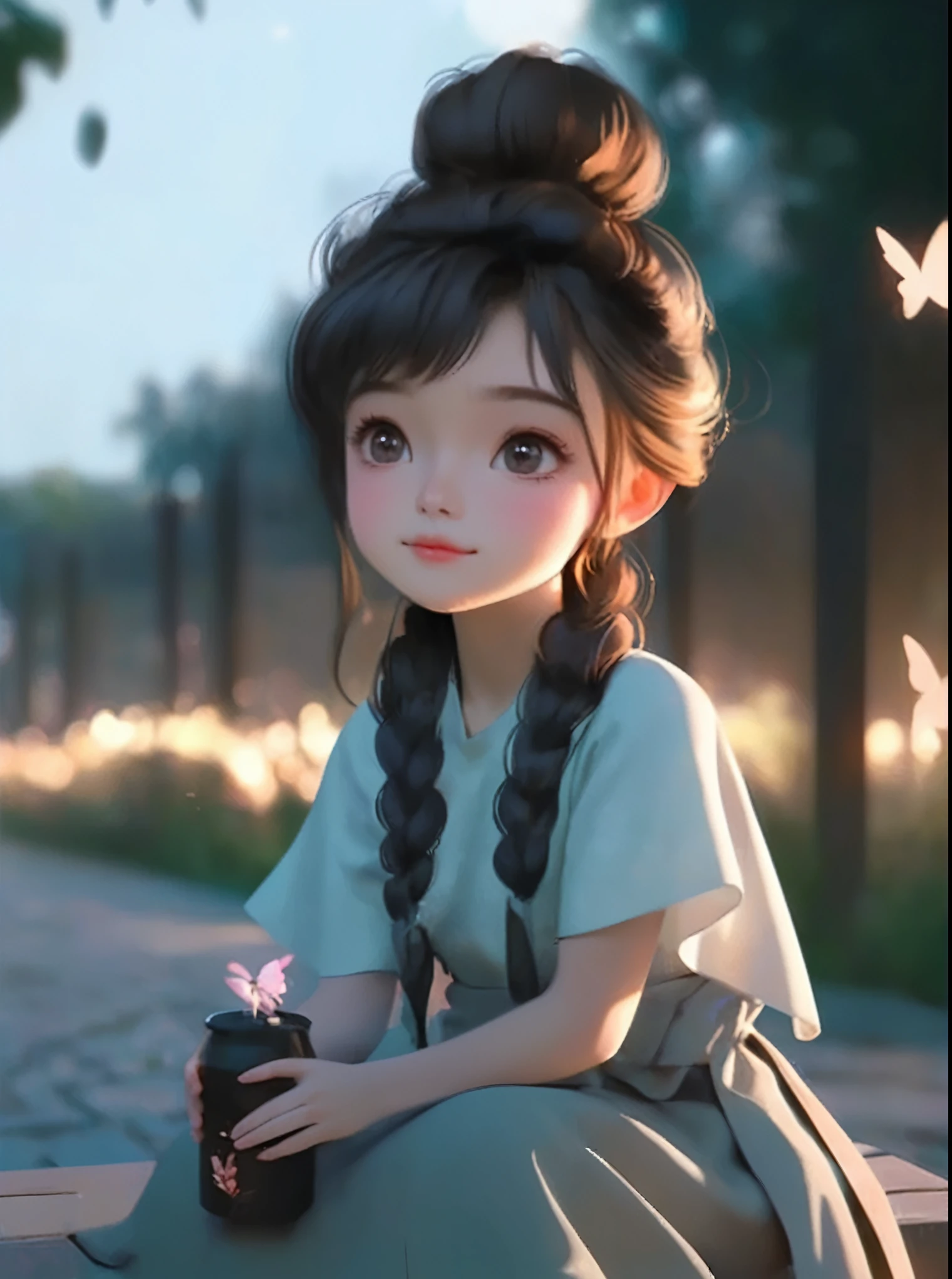 Close-up of a girl sitting on a bench and holding a camera, Lovely and detailed digital art, Cute numbers艺术, artwork in the style of Gu Weiss, Cute numbers, Gu Weiss, Cute anime girl, Realistic cute girl, Cute cartoon characters, Realistic anime 3D style, Anime style. 8K, Lovely portrait, Kawaii realistic portrait, Beautiful digital artwork