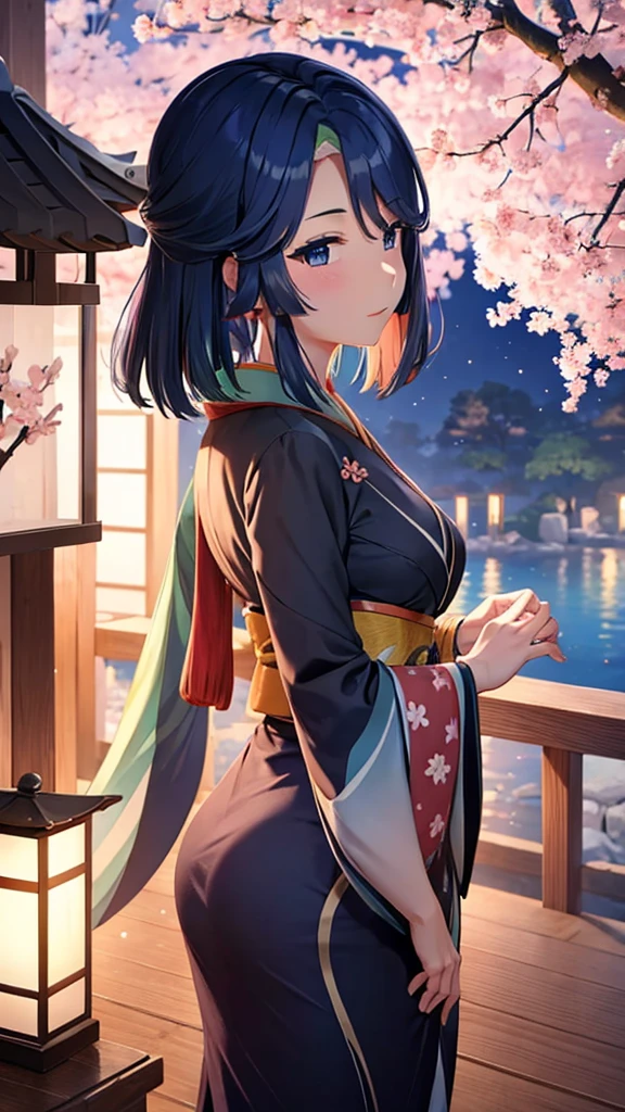 With a beautiful kimono. At night under a Sakura tree 