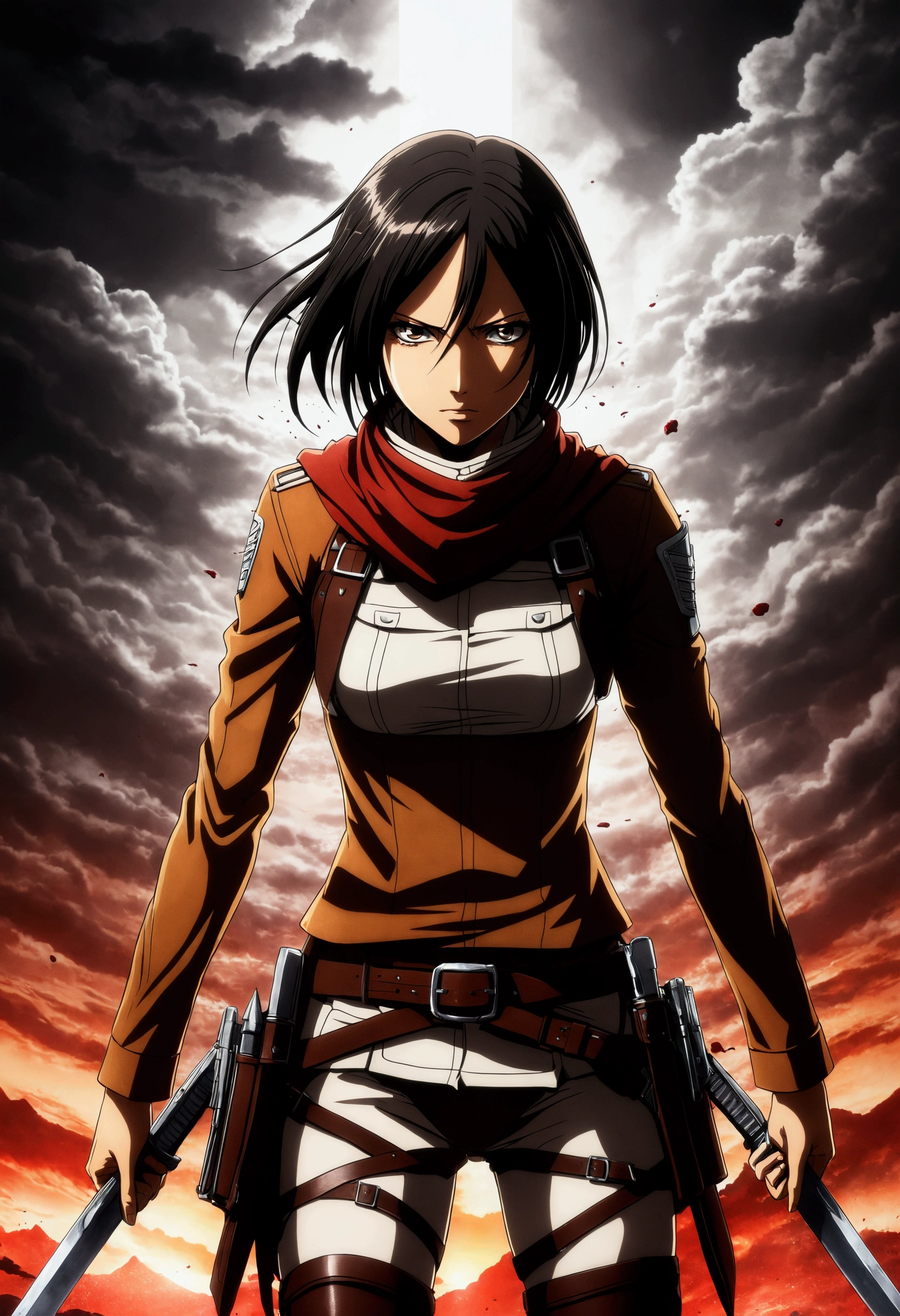 Mikasa Photos, Brave warrior "Attack on Titan," Standing on the head of a decapitated giant. Her blade is still dripping with Titan blood., Mikasa has a look of mixed exhaustion and triumph on her face.. The photo was taken from a high angle, Showcasing the vastness of the battlefield and the overwhelming presence of fallen Titans. The lighting is too bright, Cast dramatic shadows that add depth to your scene. This striking image is、Captures the contrast between weakness and strength。, Symbolizes Mikasa&#39;s unwavering determination to protect those she loves.