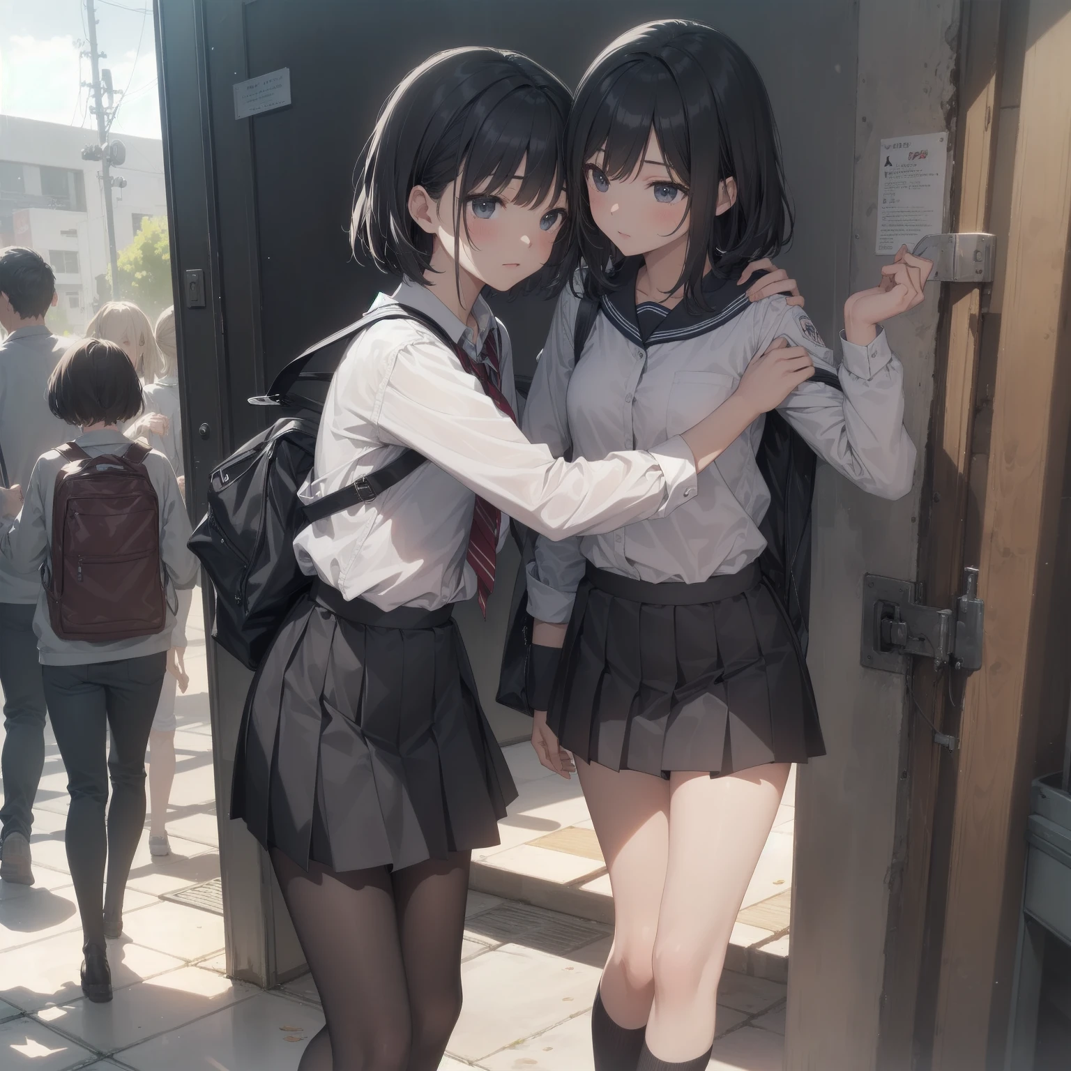 Black Hair、short hair、Short Ponytail、Blushing、Embarrassed、Take off your panties、、School classroom、blackboard