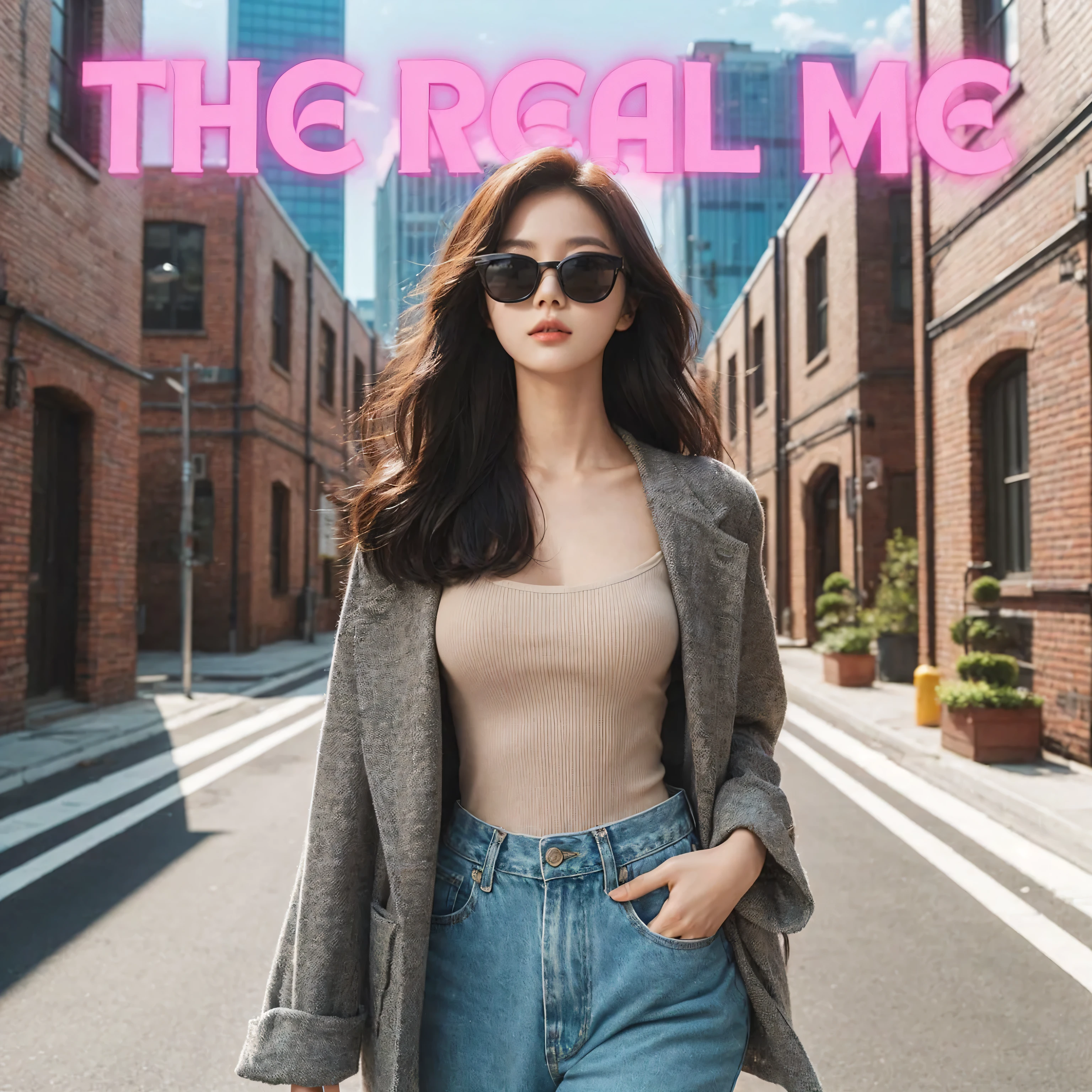 a Korean girl, walk confidently and elegantly in the middle of the street with an urban-like brick motif. wearing sunglasses. bright blue sky and buildings on both sides with an urban concept