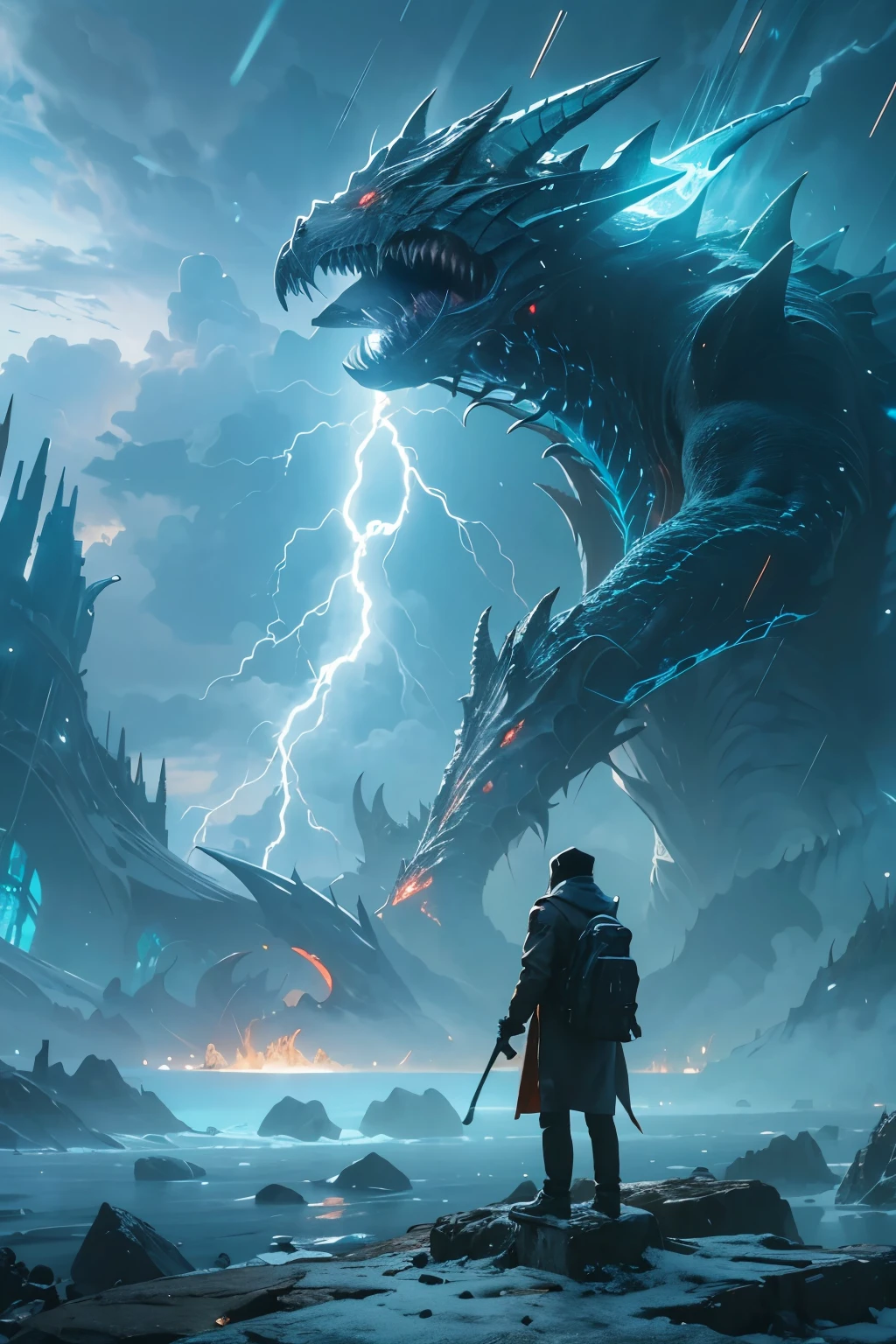 A very detailed painting, ice world, Depicts a man have a weapon on a hill gazing at a giant alien monster lightning rain breath, author:Shinkai Makoto, By Art Jem, From Wlop, author:Greg Rutkowski, Volumetric Lighting, Octane Rendering, 4K resolution, Popular on artstation, masterpiece ,flame magic