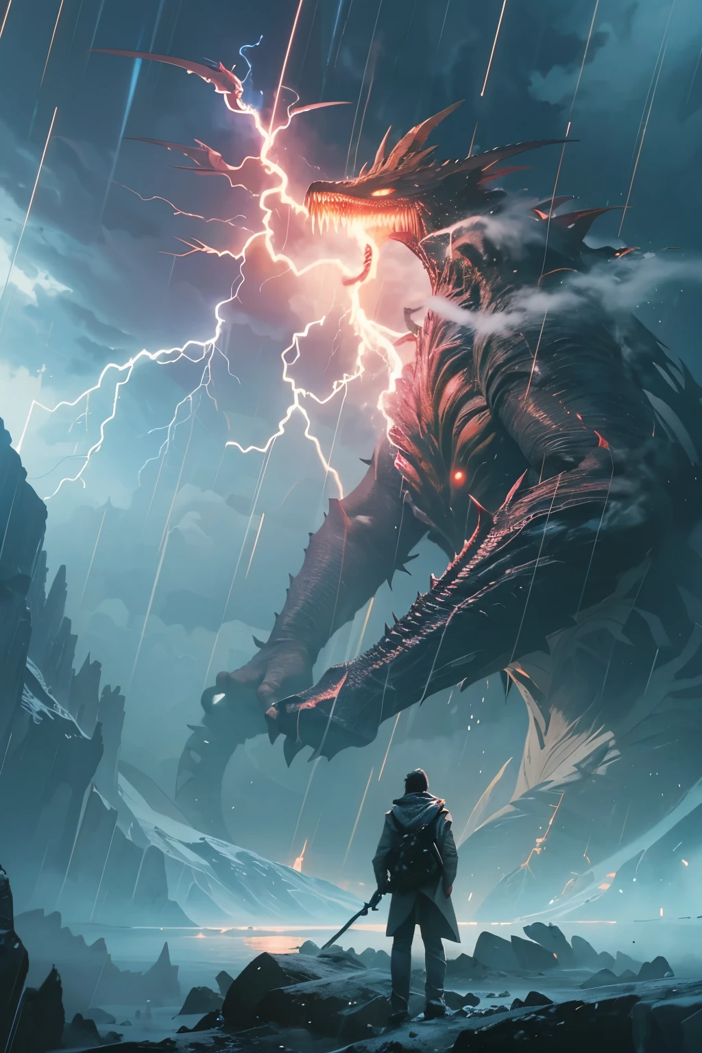 A very detailed painting, ice world, Depicts a man have a weapon on a hill gazing at a giant alien monster lightning rain breath, author:Shinkai Makoto, By Art Jem, From Wlop, author:Greg Rutkowski, Volumetric Lighting, Octane Rendering, 4K resolution, Popular on artstation, masterpiece ,flame magic