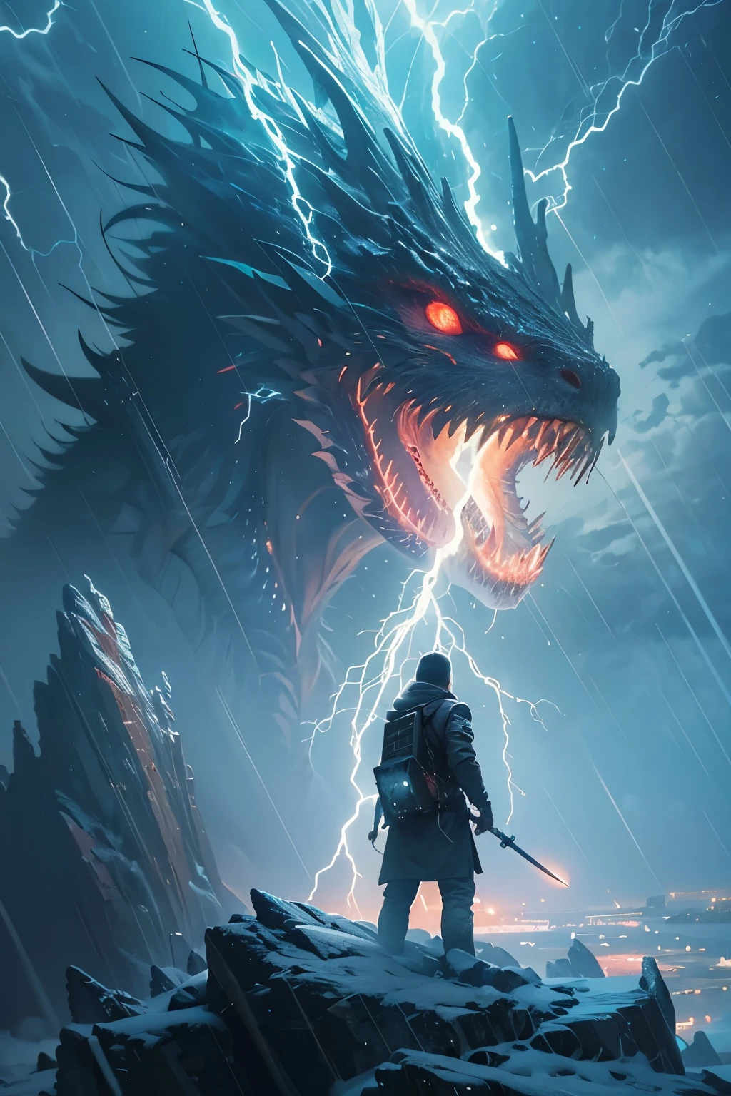 A very detailed painting, ice world, Depicts a man have a weapon on a hill gazing at a giant alien monster lightning rain breath, author:Shinkai Makoto, By Art Jem, From Wlop, author:Greg Rutkowski, Volumetric Lighting, Octane Rendering, 4K resolution, Popular on artstation, masterpiece ,flame magic