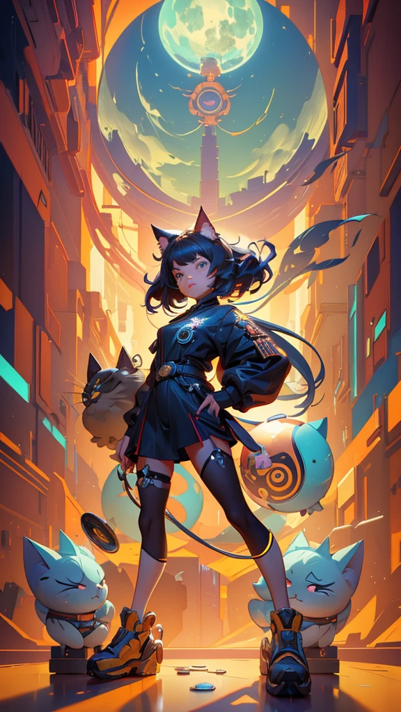 there is a cartoon girl cat that is standing in front of a bunch of coins, inspired by Ivan Generalić, by Ivan Generalić, Artstation, by Ni Yuanlu, artstation hq”, beeple and jeremiah ketner, 3 d epic illustrations, world boss kitten, in style of wlop, in style of beeple