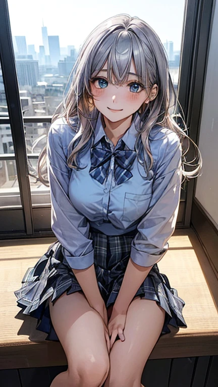 (masterpiece:1.2, Highest quality), (Realistic, photoRealistic:1.4), Beautiful illustrations, (Natural Side Lighting, Cinema Lighting), Browsing Caution,
View your viewers, Panty shot, Front view:0.6, 1 girl, Japanese, high school girl, Perfect Face, Cute and symmetrical face, Glowing Skin,
(Long Hair:1.5, Messy Hair:1.2, Silver Hair), Swept-apart bangs, Emerald green eyes, Droopy eyes, Long eyelashes, (Large Breasts:0.6),
Beautiful Hair, Beautiful Face, Beautiful attention to detail, Beautiful clavicle, Beautiful body, Beautiful breasts, Beautiful thighs, Beautiful feet,
((Symmetrical clothing, Light blue collared shirt, Grey pleated skirt, Blue checked bow tie), Pink Panties, ), Black socks,
(Beautiful views), morning, School rooftop, squat, Spread your legs, (Cute smile, Upward glance),
