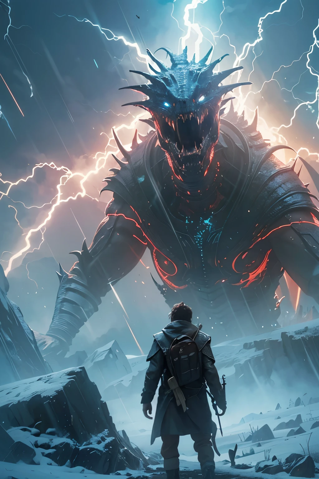 A very detailed painting, ice world, Depicts a man have a weapon on a hill gazing at a giant alien monster lightning rain breath, author:Shinkai Makoto, By Art Jem, From Wlop, author:Greg Rutkowski, Volumetric Lighting, Octane Rendering, 4K resolution, Popular on artstation, masterpiece ,flame magic