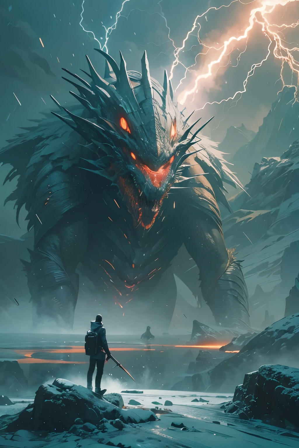 A very detailed painting, ice world, Depicts a man have a weapon on a hill gazing at a giant alien monster lightning rain breath, author:Shinkai Makoto, By Art Jem, From Wlop, author:Greg Rutkowski, Volumetric Lighting, Octane Rendering, 4K resolution, Popular on artstation, masterpiece ,flame magic