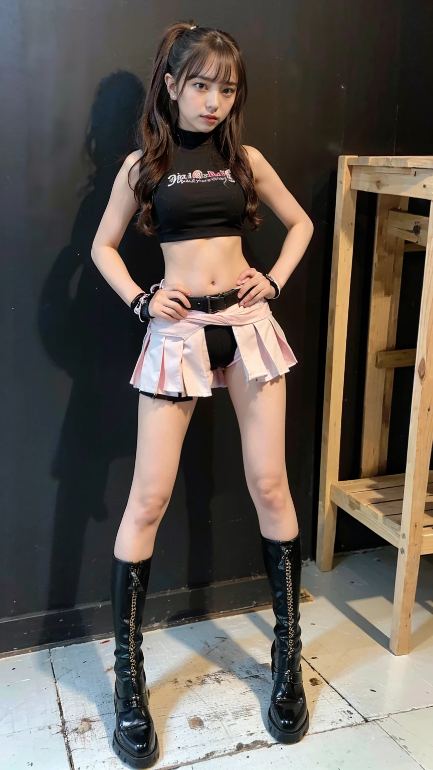 (8k、RAW Photos、Highest quality、masterpiece:1.2)、(Highest quality、Realistic)、1 girl、((Pink and black、belly button、Fancy ponytail、Hairstyle、ガーターbelt、Arm Covers、Shorts、tights、gloves、belt、ribbon、See through、Thin legs、whole body、boots、Night stage、View from the front、Looking into the camera、Stand with hands on hips))、cute