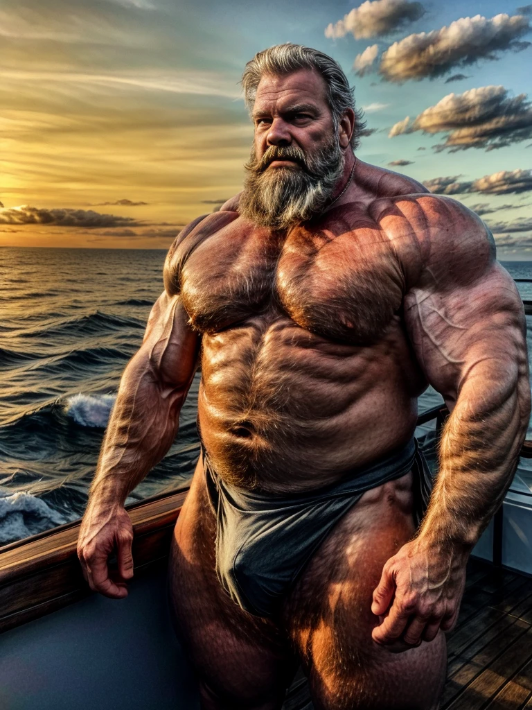 Coastal sunset fades to embers as a majestic sailor stands tall on the prow of his ship. A 60-year-old giant of a man, he's a study in contrasts: rugged muscles ripple beneath his sun-kissed skin, while a hint of softness plays around his chubby cheeks. His piercing blue eyes sparkle like the sea as he gazes out at the horizon, his bushy beard blowing gently in the ocean breeze. The warm glow of the setting sun casts long shadows across the ship's deck, highlighting the sailor's imposing physique as he stands proud, a symbol of rugged masculinity and unyielding adventure.