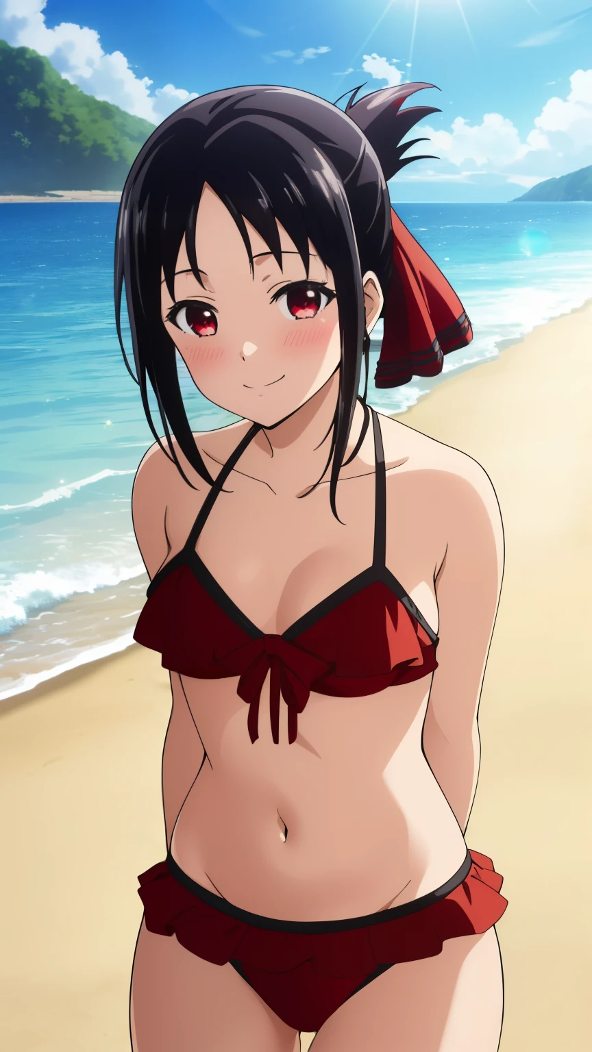 (best quality, masterpiece, 8k:1.2), (anime:1.2), detailed, Shinomiya Kaguya,1girl, solo, (black hair:1.2), side Lock, red eyes, short hair, folded ponytail, red hair ribbon, eye light, small medium breasts, (Swimsuit, bikini, beach, blush, smile),
Definition CG Unity, Perfect lit, bright_front_face_lit,Super detailed, photograph, 8K, nffsw, High resolution, (absurd:1.2), kodak portrait 400, film grain, Lens flare, (lively_color:1.2), looking at the viewer, (cowboy shot:1.2), dynamic angle, 