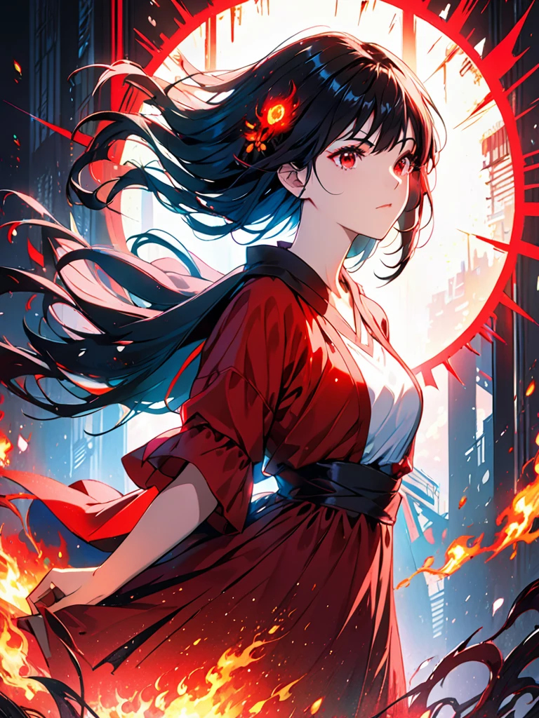 1girl, black hair, red eyes, fire witch, blood, light particles, light rays, wallpaper, high contrast, colorful, cyberpunk