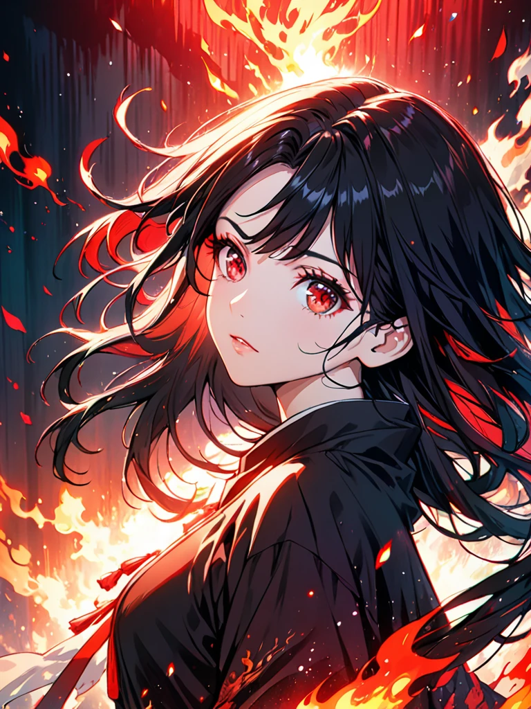 1girl, black hair, red eyes, fire witch, blood, light particles, light rays, wallpaper, high contrast, colorful, cyberpunk 