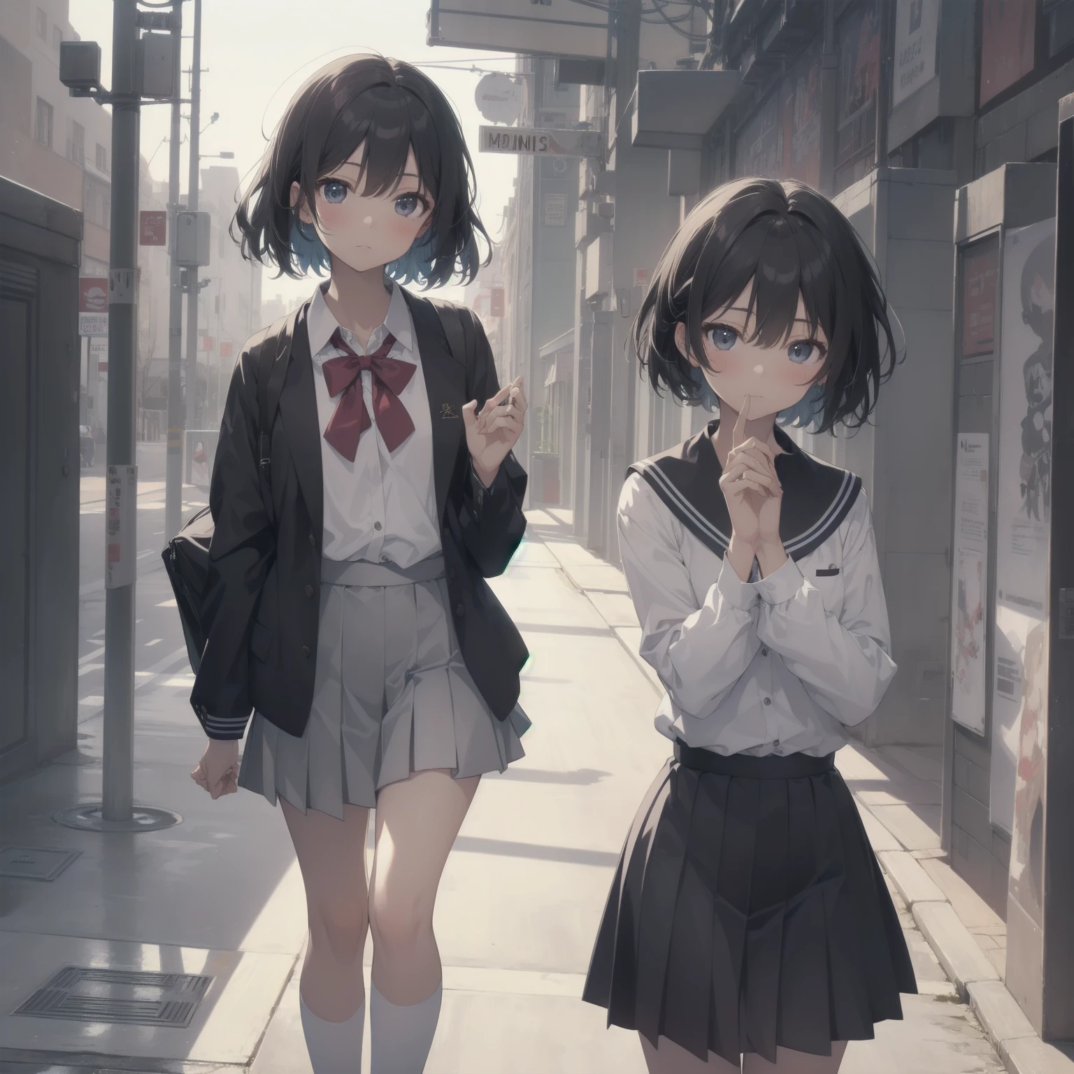 ultra-absurdres-Top quality by artist God, ultra-detailed, high resolution, anime moe artstyle, best anime 8k konachan wallpaper, pixiv contest winner, pool:2810, perfect anatomy,break, 1girl, (Please draw a girl walking sleepily to school alone. )break,(Solo,little female, 13-year-old:1.3),Full limbs, complete fingers,a junior high school student, (very short hair), short cut, flat chest, , small butt, small black eyes, beautiful detailed eyes, well-proportioned iris and pupils, expressive eyes, highres detailed hair, soft expression, salor school_uniform, sailor collar, serahuku, bow, pleated skirt,(Detailed Lighting), (Detailed background), in the School commute route. break,super detailed skin, Best cinematic lighting powered by famous artist, 8k,beauty illustration,photoshop_(medium),very aesthetic,break,((artist:nekotoufu )), artist:clamp ,artist:carnelian ,artist:kantoku ,
