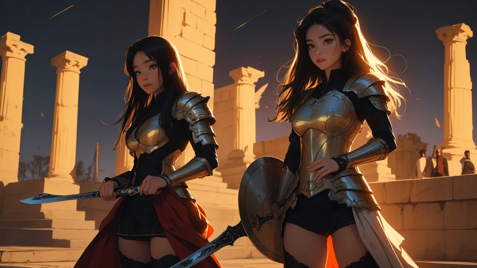 a1 woman，masterpiece, 8K quality, very detailed, one girl, (Light, cropped hair), woman warrior Greek antique warrior hoplite Greek Spartan armor holding a short sword skyphos and a round bronze shield, thick thighs, Roman columns background, big breasts, Smirk、professional lighting、about, standing, very long hair, cowboy shot, brilliant, brilliant hair, (night:1.2),Dreamy, [[gentle fingers and hands:0.55]::0.85],(detailed fingers),),(emotional),(breathtaking),(main part:1.2) whole body.), (Anime Style), (Super Detailed), (brutal), (uhd, HDR), (8k), (High Resolution: 1.2), (Complex and Beautiful: 1.2), cowboy shot, brilliant, brilliant hair, (night:1.2),Dreamy, [[gentle fingers and hands:0.55]::0.85],(detailed fingers),),(emotional),(breathtaking),(main part:1.2) whole body.), (Anime Style), (Super Detailed), (brutal), (uhd, HDR), (8k), (High Resolution: 1.2), (Complex and Beautiful: 1.2), [[gentle fingers and hands:0.55]::0.85],(detailed fingers),),(emotional),(breathtaking),(main part:1.2) whole body.), (Anime Style), (Super Detailed), (brutal), (uhd, HDR), (8k), (High Resolution: 1.2), (Complex and Beautiful: 1.2)