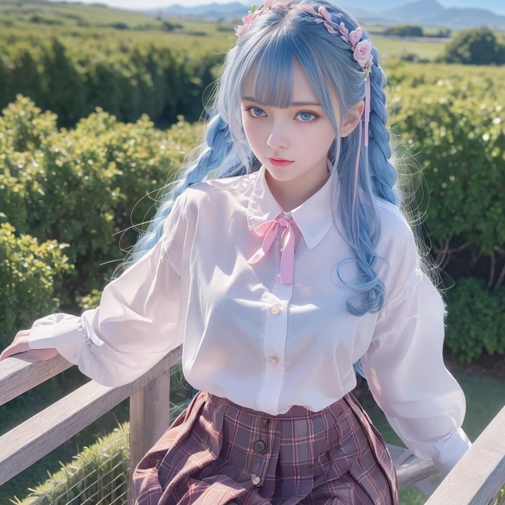 (detailed beautiful eyes and detailed face, masterpiece side light, masterpiece, Highest quality, detailed, High resolution illustrations), (1 girl, beautiful girl, Glowing Skin, Looking down, View your viewers), ( long sky blue hair, Pink Eyes, skirt, ribbon, Button-down shirt) 45 degrees, Top View,  landscape, (手のdetailed)