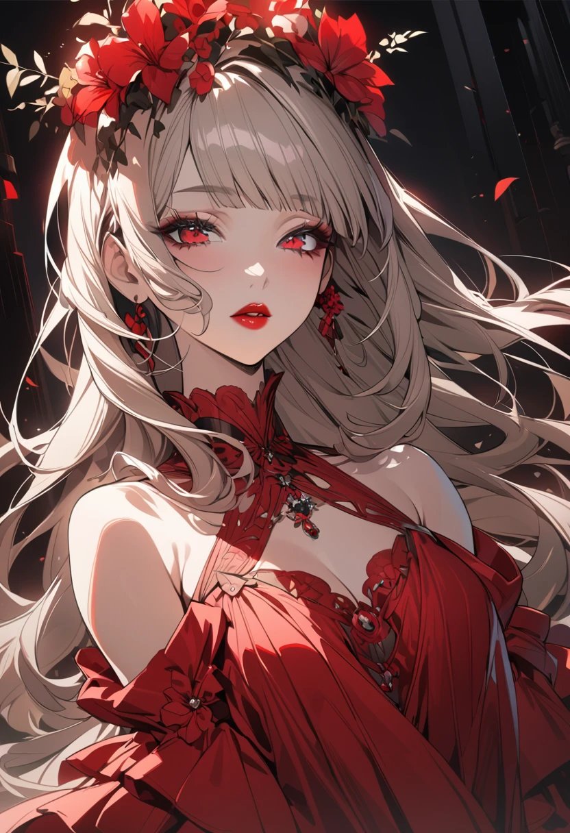 (masterpiece),(Highest quality:1.0), (Ultra-high resolution:1.0), Detailed illustrations, 8k, anime, One girl, beautiful anime girl, Wearing a red dress, Flower Crown, Pretty face, Detailed face, Beautiful Eyes, Detailed eyes, Dark red eyes, Bright red lips, Red lipstick, Beautiful and stylish hair, Hair highlights, bangs anime style, Highest quality, Vibrant