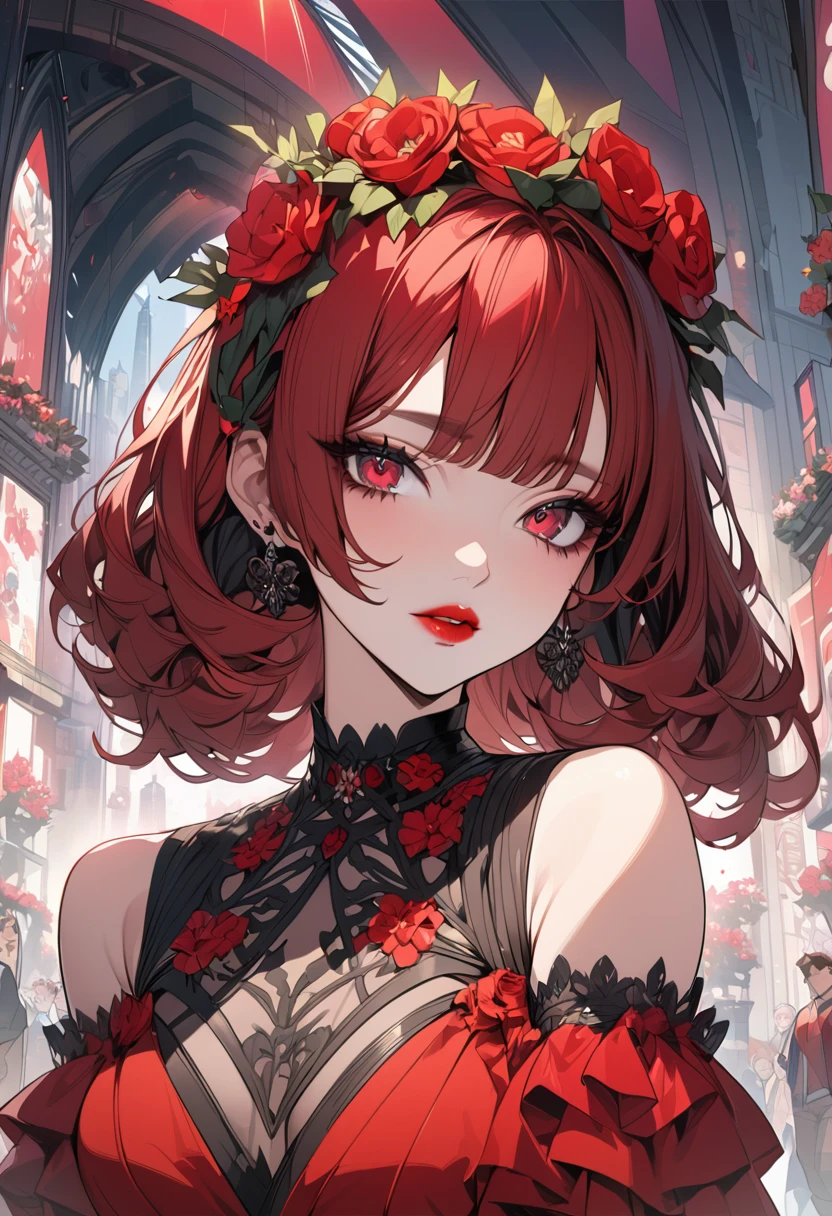 (masterpiece),(Highest quality:1.0), (Ultra-high resolution:1.0), Detailed illustrations, 8k, anime, One girl, beautiful anime girl, Wearing a red dress, Flower Crown, Pretty face, Detailed face, Beautiful Eyes, Detailed eyes, Dark red eyes, Bright red lips, Red lipstick, Beautiful and stylish hair, Hair highlights, bangs anime style, Highest quality, Vibrant