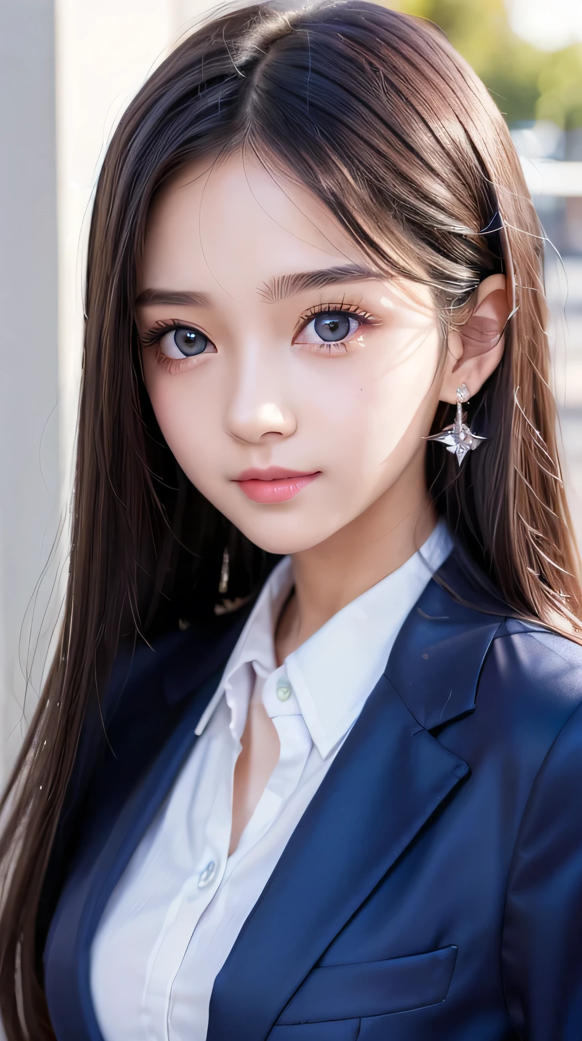 (Very beautiful cutegirl), (very cute face:1.2),12 yo, (sparking crystal clear attractive large eyes), best looks, Beautiful detailed eyes, Detailed double eyelids, (smiling), (realistic photograph:1.2), long straight hair,dark blue blazer high-school uniform