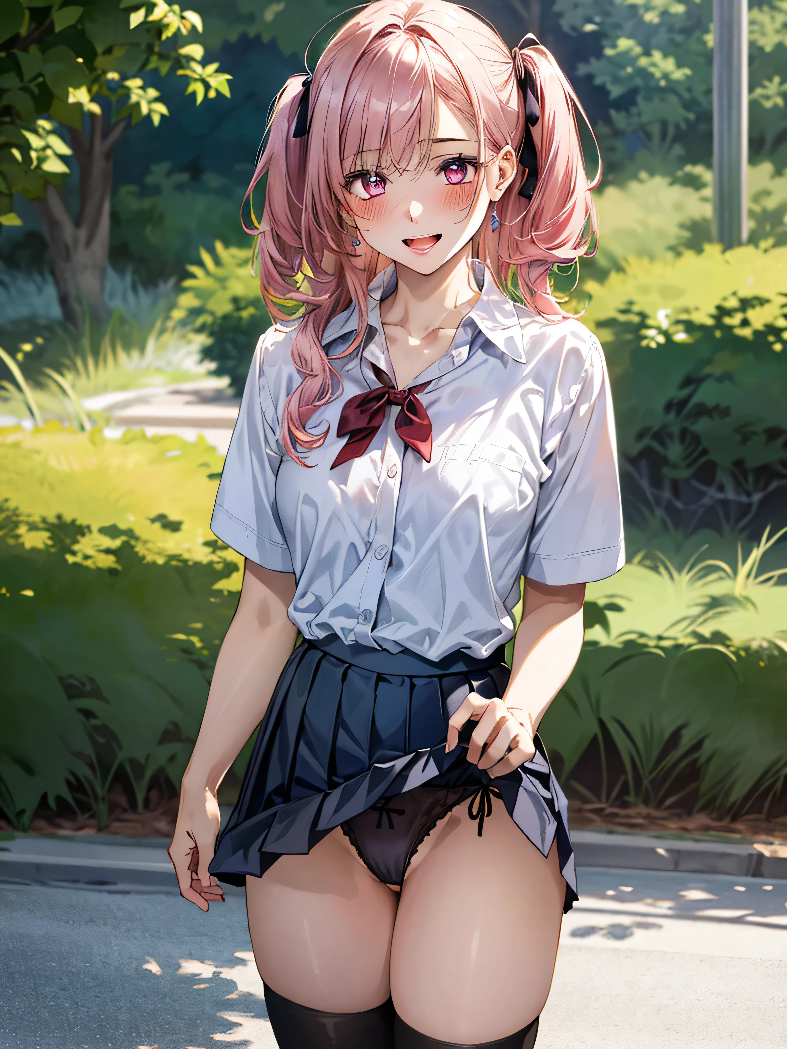 (masterpiece:1.3, top-quality, ultra high res, ultra detailed), (realistic, photorealistic:1.4), beautiful illustration, wearing knit sweater & miniskirt, (Flirtingly lifting her skirt to show her panties:1.3),perfect lighting, natural lighting, colorful, depth of fields, surrealism,  (embarrassed,blush:1.3),
beautiful detailed hair, beautiful detailed face, beautiful detailed eyes, beautiful clavicle, beautiful body, beautiful chest, beautiful thigh, beautiful legs, beautiful fingers, shiny skin, 
looking at viewer, 1 girl, japanese, high school girl, (perfect anatomy, anatomically correct, super detailed skin), cute and symmetrical face, face, perfect face, perfect eyes, 
(middle hair, two side up, pink hair), crossed bangs, purple eyes, drooping eyes, big eyes, long eyelashes, (large breasts, seductive thighs, skindentation), slender, outstanding style, 
((detailed cloth texture, white collared shirt, blue pleated skirt, dark red neck ribbon), black thigh-highs, loafer), 
(beautiful scenery), late afternoon,hands on chest, (lovely smile, upper eyes, open mouth small),