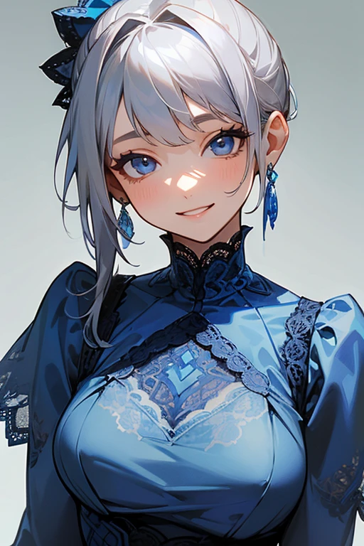 (masterpiece: 1.2, Highest quality), (Actual Photos, Intricate details), 1. woman, alone, Upper Body, casual, Shoulder-length hair, Minimal makeup, Natural materials, Face close-up, smile, Home, Gray Hair, blue eyes, Shoulder Bare、Smiling with teeth showing、((Blue lace outfit))、ponytail、(In the gap between my breasts).