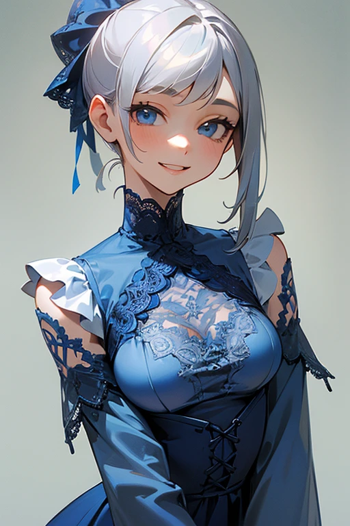 (masterpiece: 1.2, Highest quality), (Actual Photos, Intricate details), 1. woman, alone, Upper Body, casual, Shoulder-length hair, Minimal makeup, Natural materials, Face close-up, smile, Home, Gray Hair, blue eyes, Shoulder Bare、Smiling with teeth showing、((Blue lace outfit))、ponytail、(In the gap between my breasts).