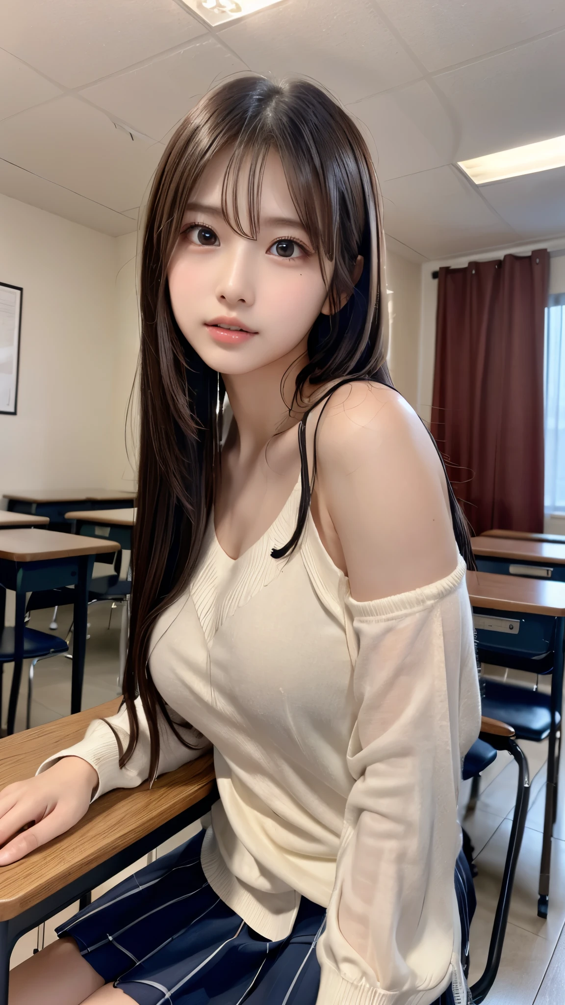 in 8K，photos realistic (1 Cute Korean Idol ) low-tied long hair, Thin makeup, Medium chest size, Close-up portrait, nffsw、Punk Girl、Pendants,FULL BODYSHOT、beauty legs、Beautiful legs、16-year-old 、She's looking at this、(Super beautiful girl:1.5)、(A detailed face)、Adult face、Bare legs, thighs、a closeup、full body Esbian、Nasty eyes、((Random sexy poses:1.5)),((full shot:1.5)),((beautiful skin:1.5)) ,((School uniform:1.5))、(highschool:1.5)、(crass room:1.5)、(School Desks and Chairs:1.3)、The chest is open