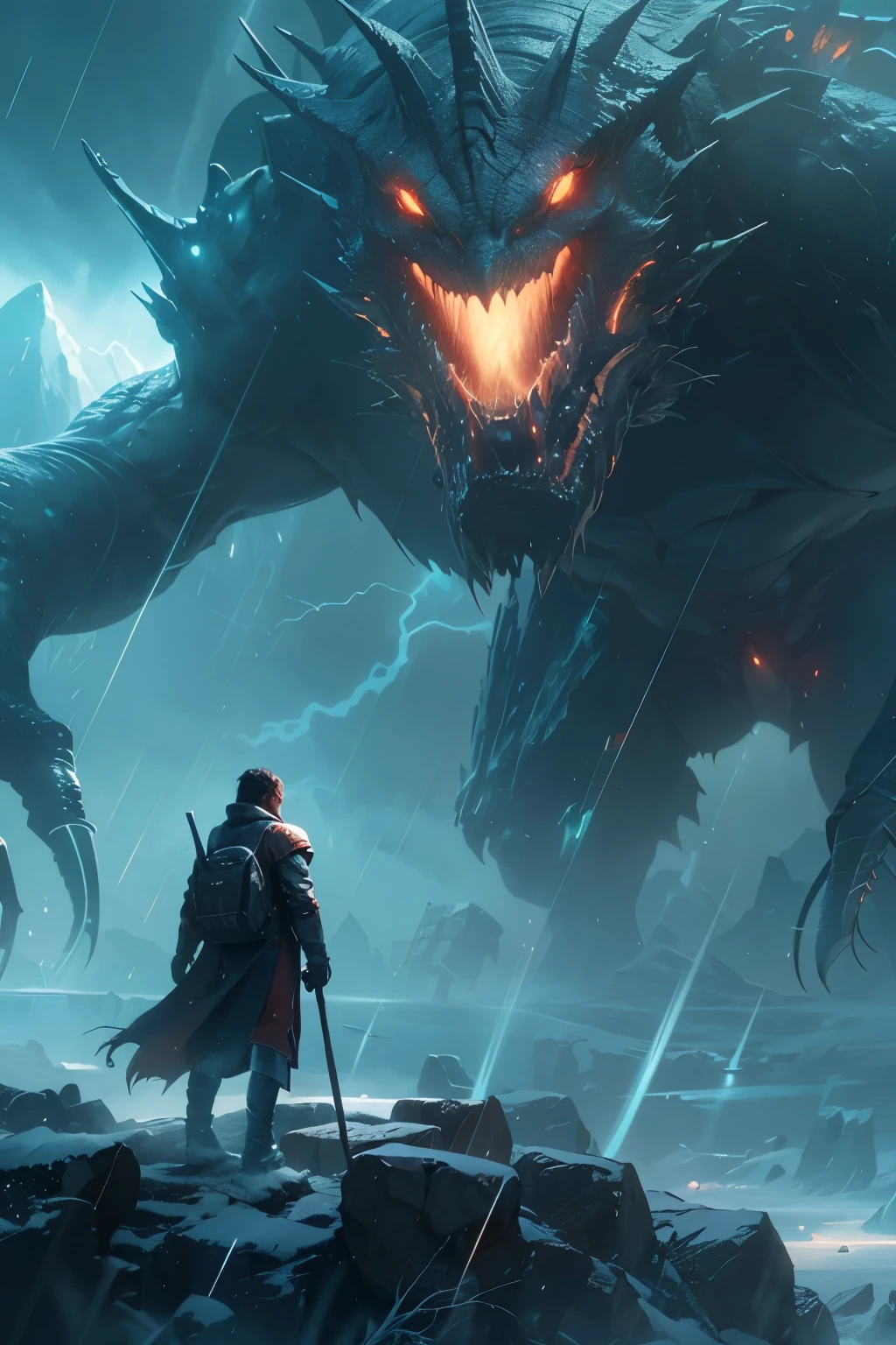 A very detailed painting, ice world, Depicts a man have a weapon on a hill gazing at a giant alien monster lightning rain breath, author:Shinkai Makoto, By Art Jem, From Wlop, author:Greg Rutkowski, Volumetric Lighting, Octane Rendering, 4K resolution, Popular on artstation, masterpiece ,flame magic