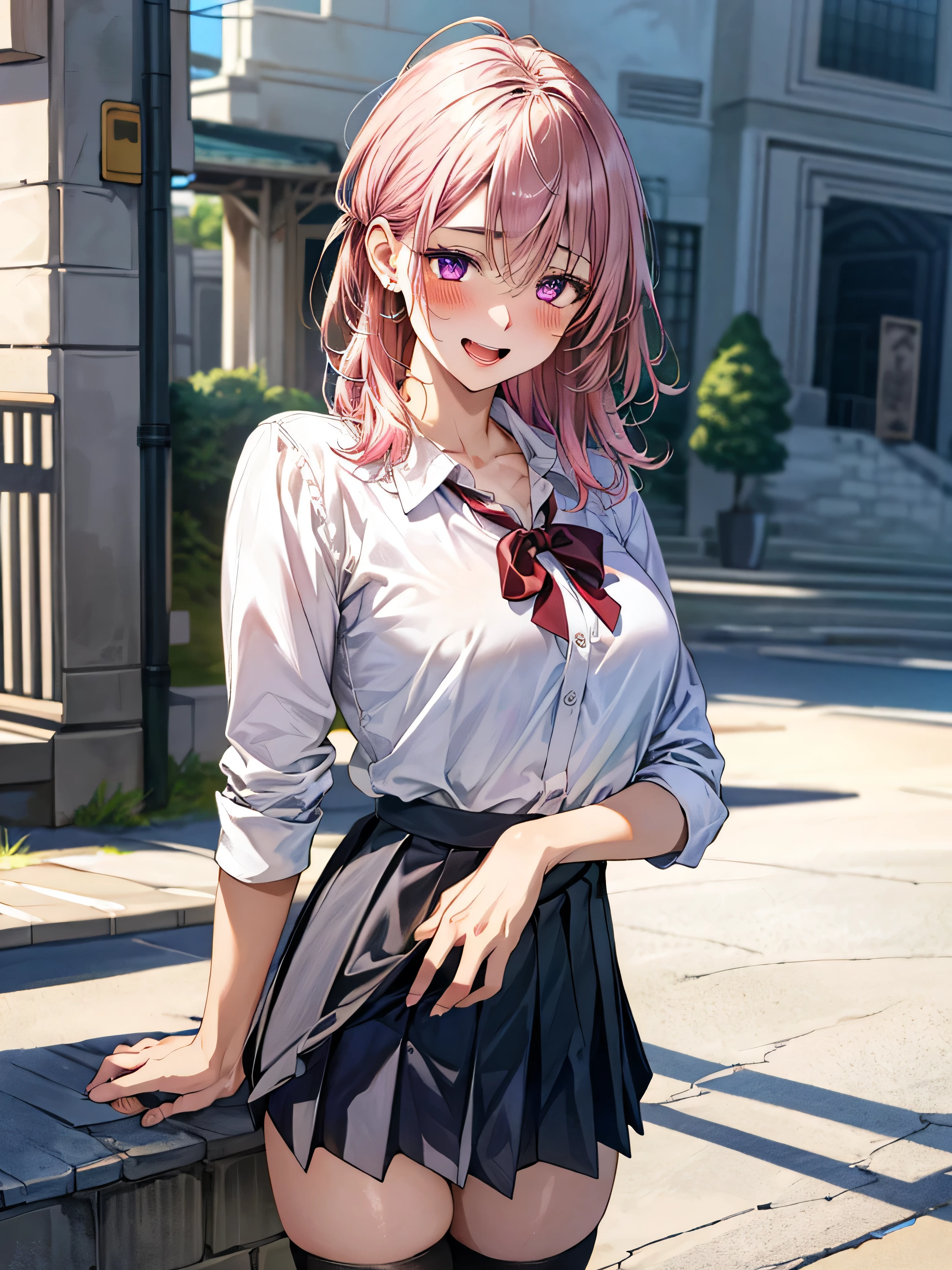 (masterpiece:1.3, top-quality, ultra high res, ultra detailed), (realistic, photorealistic:1.4), beautiful illustration, wearing knit sweater & miniskirt, (Flirtingly lifting her skirt to show her panties:1.3),perfect lighting, natural lighting, colorful, depth of fields, surrealism,  (embarrassed,blush:1.3),
beautiful detailed hair, beautiful detailed face, beautiful detailed eyes, beautiful clavicle, beautiful body, beautiful chest, beautiful thigh, beautiful legs, beautiful fingers, shiny skin, 
looking at viewer, 1 girl, japanese, high school girl, (perfect anatomy, anatomically correct, super detailed skin), cute and symmetrical face, babyface, perfect face, perfect eyes, 
(middle hair, two side up, pink hair), crossed bangs, purple eyes, drooping eyes, big eyes, long eyelashes, (large breasts, seductive thighs, skindentation), slender, outstanding style, 
((detailed cloth texture, white collared shirt, blue pleated skirt, dark red neck ribbon), black thigh-highs, loafer), 
(beautiful scenery), late afternoon,hands on chest, (lovely smile, upper eyes, open mouth small),
