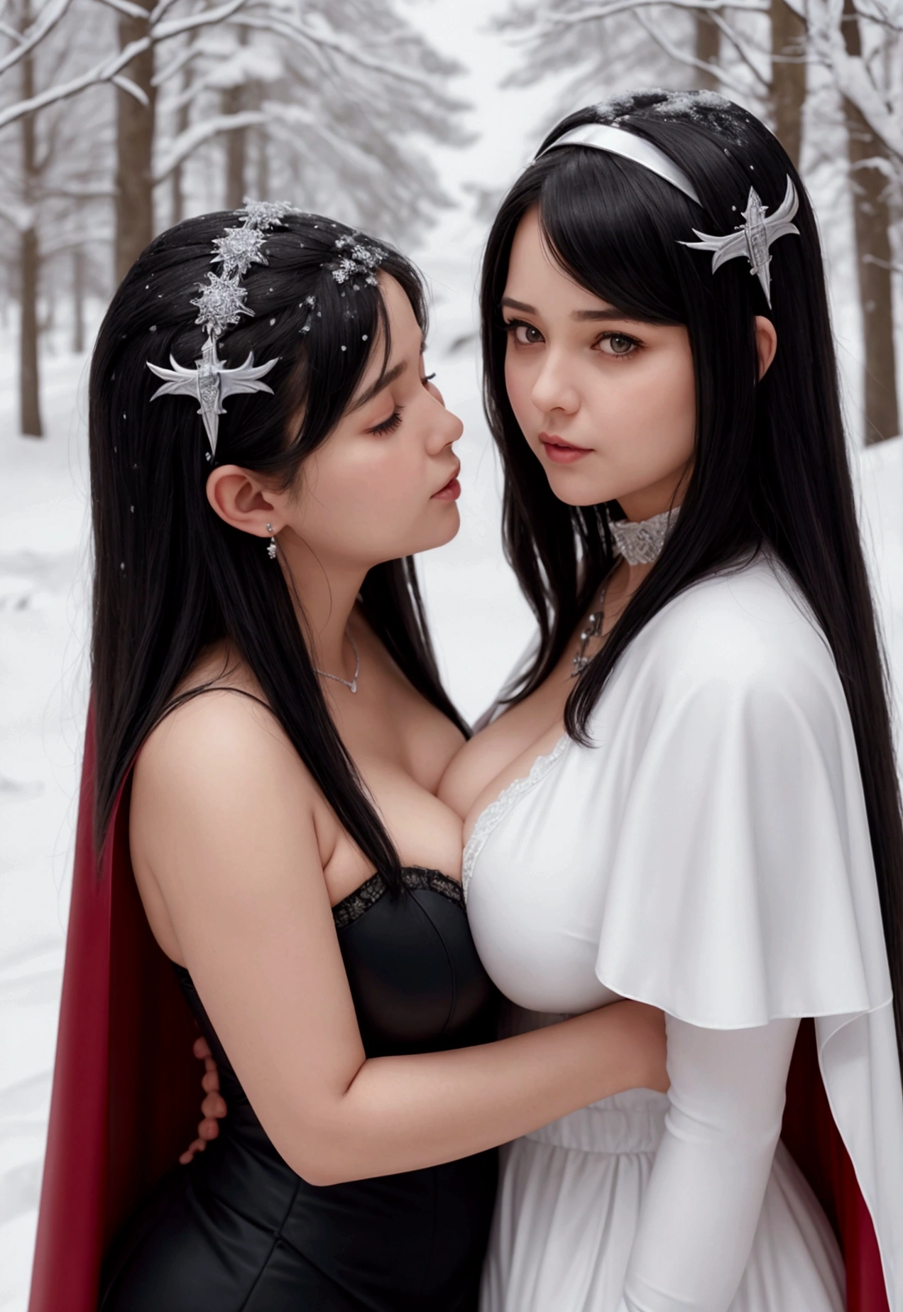 two beautiful ice goddesses pressing naked breasts together, identical faces, eyes closed, icicles and frost on skin, swimming in a frozen lake, beautiful, love