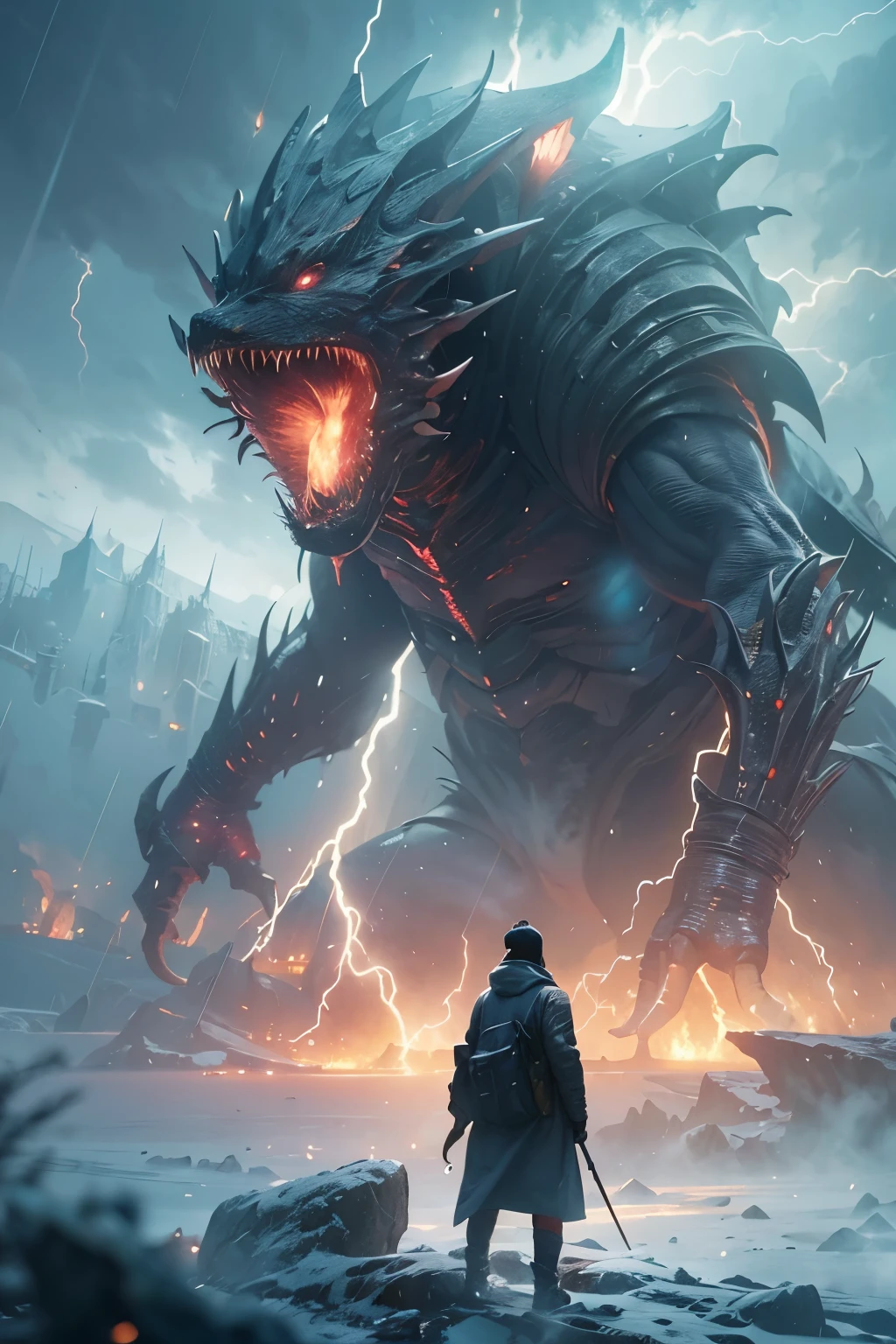 A very detailed painting, ice world, Depicts a man have a weapon on a hill gazing at a giant alien monster lightning rain breath, author:Shinkai Makoto, By Art Jem, From Wlop, author:Greg Rutkowski, Volumetric Lighting, Octane Rendering, 8K resolution, Popular on artstation, masterpiece ,flame magic