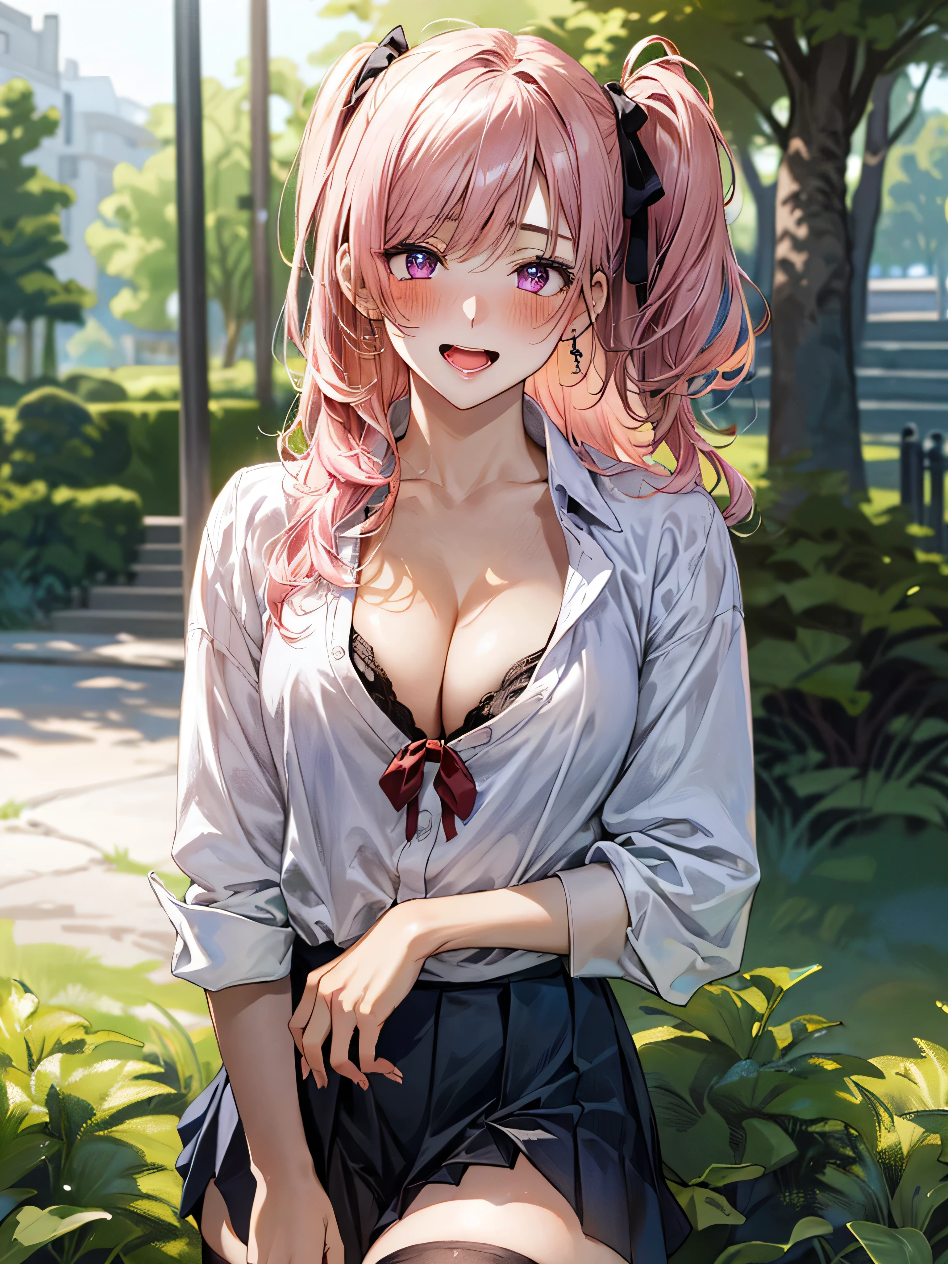 (masterpiece:1.3, top-quality, ultra high res, ultra detailed), (cleavage:1.4),(realistic, photorealistic:1.4), beautiful illustration, perfect lighting, natural lighting, colorful, depth of fields, surrealism, (embarrassed,blush:1.3),
beautiful detailed hair, beautiful detailed face, beautiful detailed eyes, beautiful clavicle, beautiful body, beautiful chest, beautiful thigh, beautiful legs, beautiful fingers, shiny skin,
looking at viewer, 1 girl, japanese, high school girl, (perfect anatomy, anatomically correct, super detailed skin), cute and symmetrical face, babyface, perfect face, perfect eyes,
(middle hair, two side up, pink hair), crossed bangs, purple eyes, drooping eyes, big eyes, long eyelashes, (large breasts, seductive thighs, skindentation), slender, outstanding style,
((detailed cloth texture, white collared shirt, blue pleated skirt, dark red neck ribbon), black thigh-highs, loafer),
(beautiful scenery), late afternoon,hands on chest, (lovely smile, upper eyes, open mouth small),