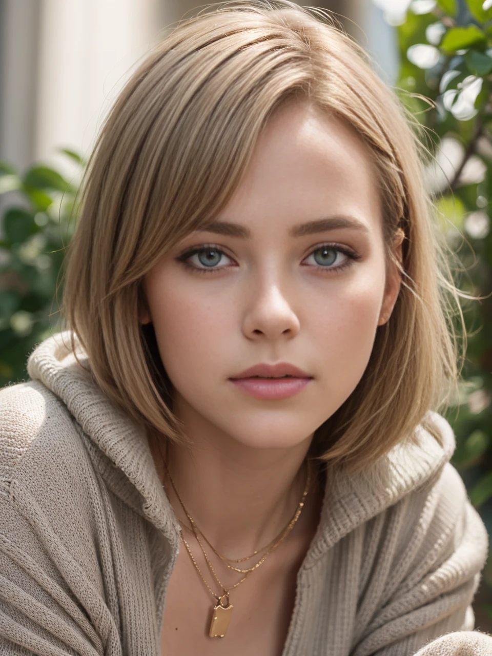 (best quality,8k,32k,masterpiece,UHD:1.2),photorealistic portrait of beautiful russian woman,large breasts,very short bob haircut,upper body,face focus,oversized,nude, sweater,necklace,simple background,looking directly at viewer,from above angle,detailed eyes,detailed lips,extremely detailed face,long eyelashes,elegant,serene expression,soft lighting,warm color tones