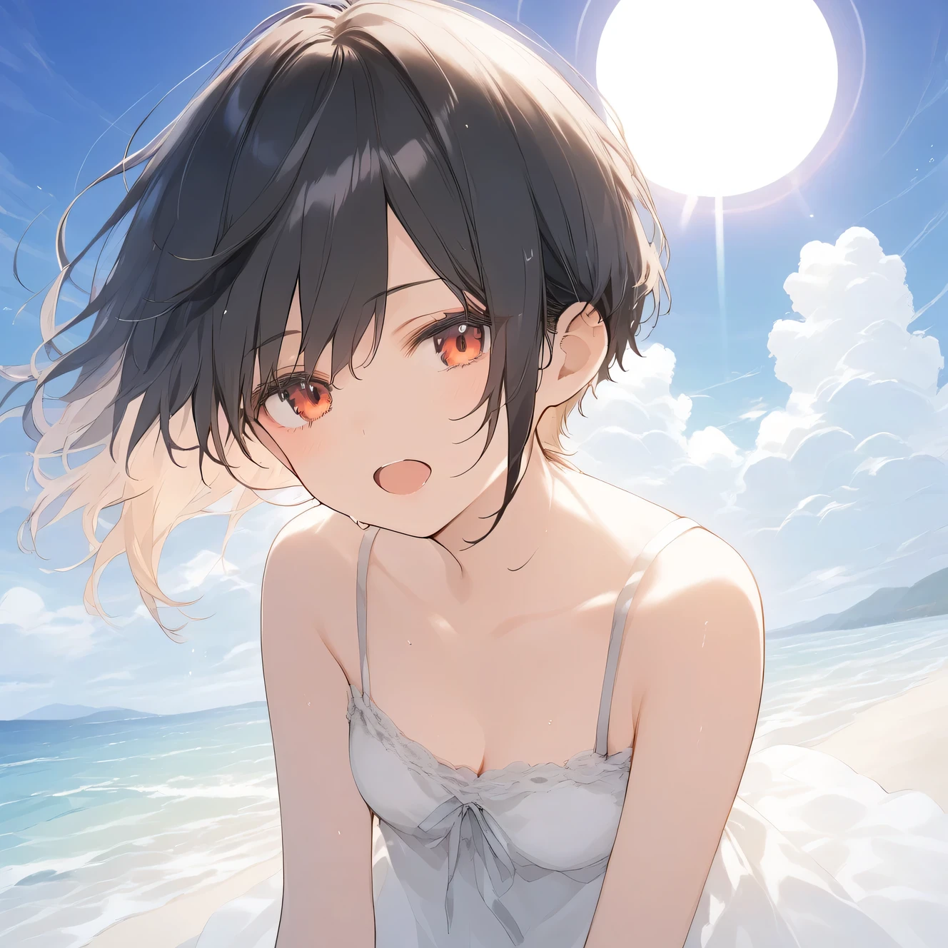 score_9, score_8_up, score_7_up, source_anime, best quality, masterpiece, official art, absurdres, highres, ultra-detailed,waifu2x,Collection: Slice of Life,break,1girl, tomboy, very short hair, pixie cut, breasts, beautiful detailed eyes, expressionless, sun dress, beautiful detailed eyes, sweat, open mouth, (yawn:0.3), sleepily, outdoors, wind, beach,break,(clear line illustration:1.2), super detailed skin,very high resolution, very aesthetic, Best sexual lighting powered by famous artist, 8k,cute picture,beauty illustration,photoshop_(medium),,(Detailed Lighting),best anime 8k konachan wallpaper, pixiv contest winner,