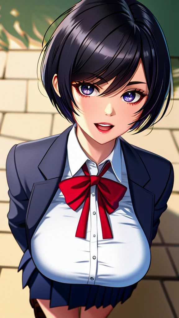 (masterpiece, best quality, ultra detailed, eye focus:1.4), 1lady, athletic female, abs body, (Black Hair, Pixie Cut, breasts, gigantic breasts, black_eyes, four fingers and one thumb), (school uniform:1.3), (Sunburn, Sunburnlines, Dark Skin:0.8), (ultra_detailed face, beautiful detailed eyes, happy, open mouth, shiny hair, shiny skin, super detailed skin, oily skin), (glowing, depth of field,  eye-level shot from front, from above, looking at viewer:1.4),
