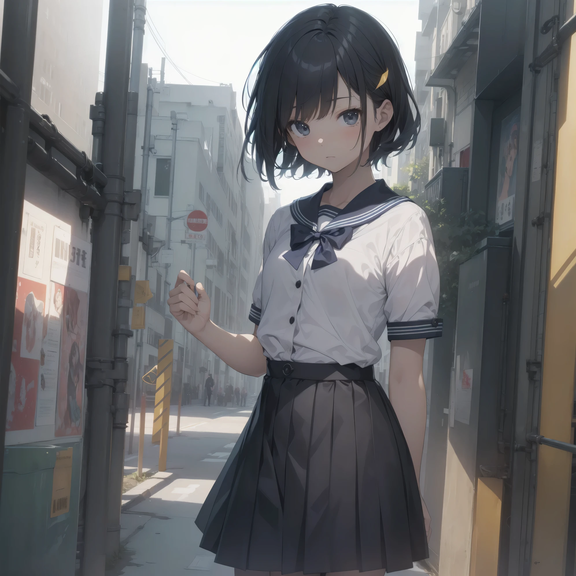 ultra-absurdres-Top quality by artist God, ultra-detailed, high resolution, anime moe artstyle, best anime 8k konachan wallpaper, pixiv contest winner, pool:2810, perfect anatomy,break, 1girl, (Please draw a girl walking sleepily to school alone. )break,(Solo,little female, 13-year-old:1.3),Full limbs, complete fingers,a junior high school student, (very short hair), short cut, flat chest, , small butt, small black eyes, beautiful detailed eyes, well-proportioned iris and pupils, expressive eyes, highres detailed hair, soft expression, salor school_uniform, sailor collar, serahuku, bow, pleated skirt,(Detailed Lighting), (Detailed background), in the School commute route. break,super detailed skin, Best cinematic lighting powered by famous artist, 8k,beauty illustration,photoshop_(medium),very aesthetic,break,((artist:nekotoufu )), artist:clamp ,artist:carnelian ,artist:kantoku ,