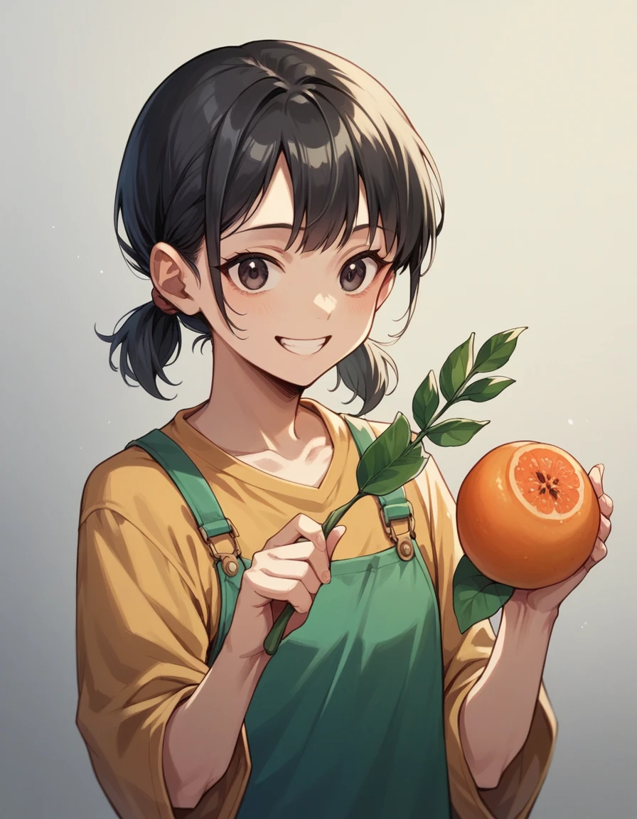 masterpiece, best quality, extremely detailed, , black hair, short pigtails, smiling, holding out a papaya fruit