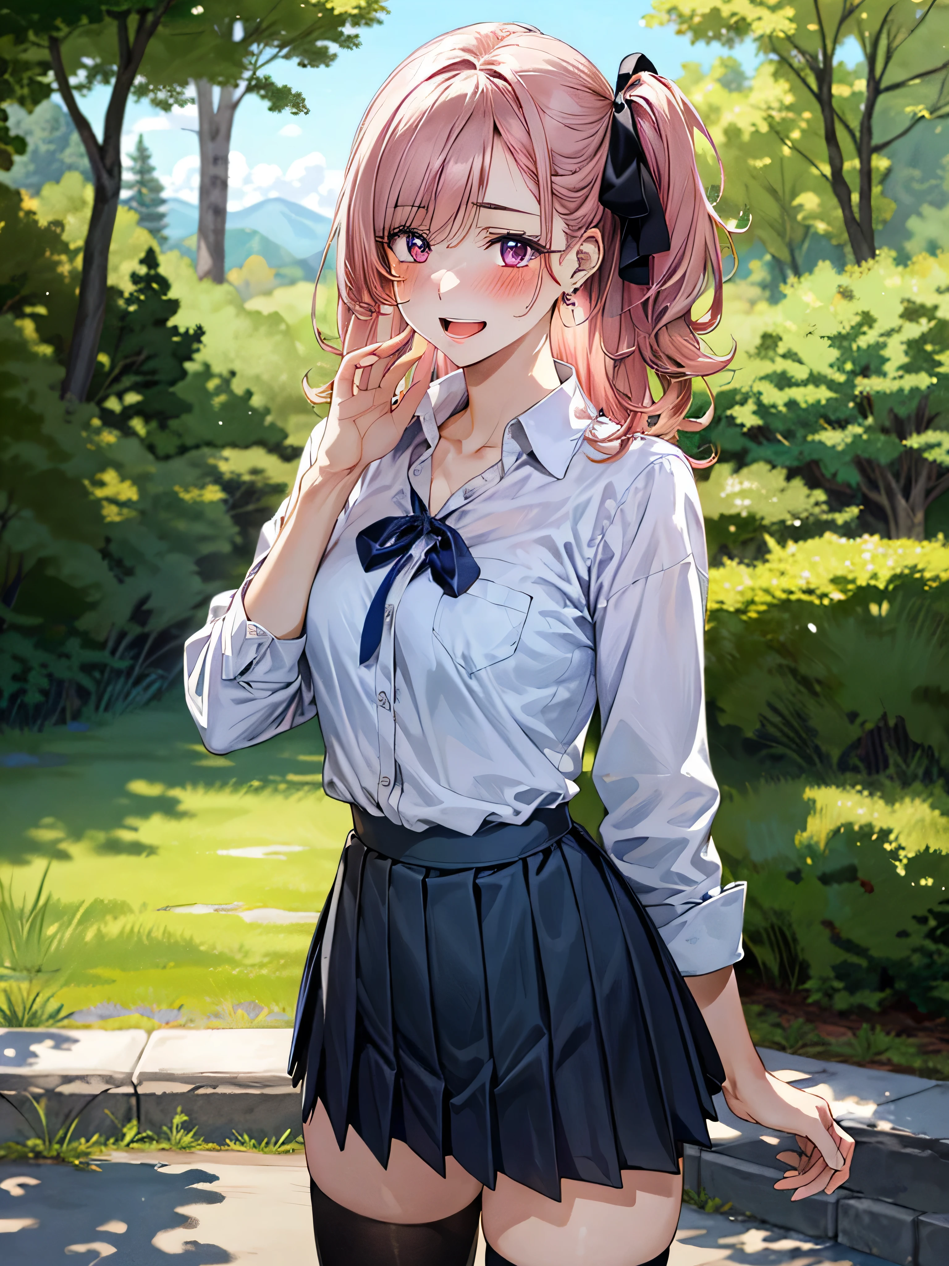 (masterpiece:1.3, top-quality, ultra high res, ultra detailed), (realistic, photorealistic:1.4), beautiful illustration, wearing knit sweater & miniskirt, (Flirtingly lifting her skirt to show her panties:1.3),perfect lighting, natural lighting, colorful, depth of fields, surrealism, (embarrassed,blush:1.3),
beautiful detailed hair, beautiful detailed face, beautiful detailed eyes, beautiful clavicle, beautiful body, beautiful chest, beautiful thigh, beautiful legs, beautiful fingers, shiny skin,
looking at viewer, 1 girl, japanese, high school girl, (perfect anatomy, anatomically correct, super detailed skin), cute and symmetrical face, babyface, perfect face, perfect eyes,
(middle hair, two side up, pink hair), crossed bangs, purple eyes, drooping eyes, big eyes, long eyelashes, (large breasts, seductive thighs, skindentation), slender, outstanding style,
((detailed cloth texture, white collared shirt, blue pleated skirt, dark red neck ribbon), black thigh-highs, loafer),
(beautiful scenery), late afternoon,hands on chest, (lovely smile, upper eyes, open mouth small),