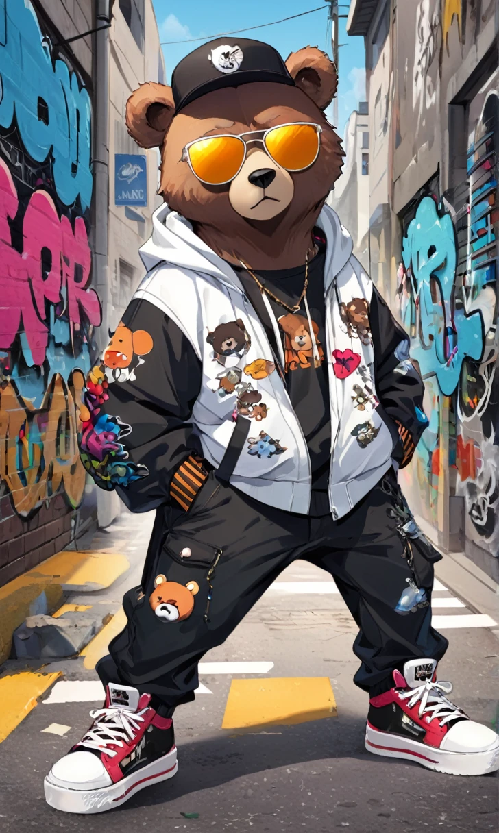 Title: Urban Wild: Graffiti Art of a Street-Style Bear with Sunglasses

Prompt:
Design a dynamic and eye-catching graffiti piece that features a bear wearing sunglasses and dressed in street-style fashion. The artwork should seamlessly blend the wild essence of the bear with the edgy, modern elements of urban street fashion, creating a unique and powerful visual statement.

Bear's Symbolism and Street Fashion:
The bear symbolizes strength, courage, and a deep connection with nature. Incorporating sunglasses and street-style clothing, the design should convey both the raw power of the wild and the stylish edge of urban life. This combination will create a visually impactful and meaningful graffiti piece.

Design Elements:

Dynamic Pose and Expression:

Illustrate the bear in a dynamic and engaging pose to capture its powerful presence.
Use various expressions, from fierce and intimidating to cool and relaxed, to give the bear a distinctive personality.
Sunglasses Style:

Equip the bear with trendy sunglasses to enhance its cool, urban look.
Experiment with different styles of sunglasses, from classic aviators to modern, reflective shades.
Street-Style Fashion:

Dress the bear in iconic streetwear items such as hoodies, caps, bomber jackets, and sneakers.
Integrate graffiti-inspired patterns and urban art elements into the clothing design to emphasize the street style.
Color and Contrast:

Use vibrant and contrasting colors to make the graffiti pop against the urban backdrop.
Employ bold outlines and shading techniques to add depth and dimension to the design.
Creation Process:

Concept and Sketch:

Begin with a clear concept and create rough sketches to outline the bear’s pose, expression, and outfit.
Focus on capturing the essence of both the wild and urban elements in the initial drawings.
Digital or Hand-Drawn Illustration:

Develop the detailed illustration either digitally or by hand, emphasizing the textures and details of the bear’s fur, sunglasses, and clothi