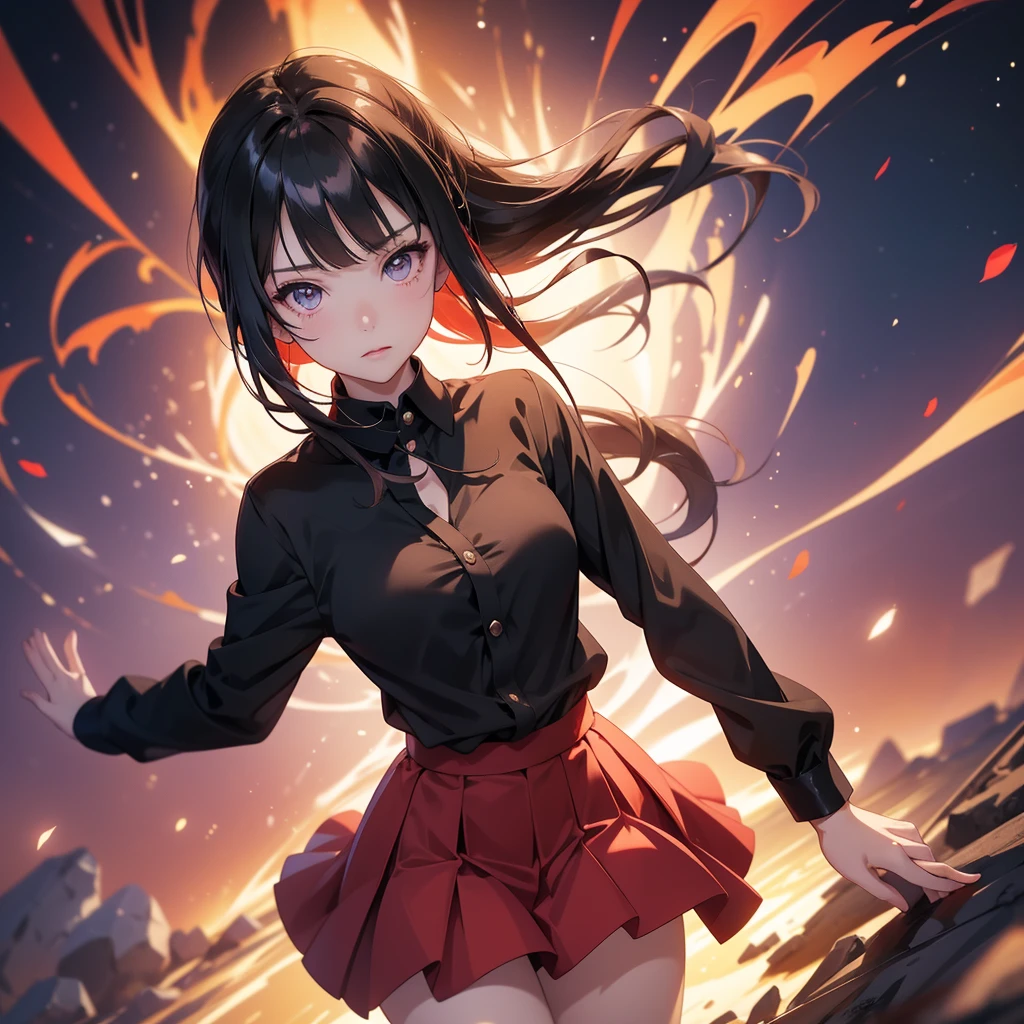 anime girl in a red skirt and black shirt posing for a picture, a hyperrealistic , hyperrealistic , realistic , anime moe artstyle, smooth anime cg art, makoto shinka, beautiful anime high school girl, makoto, anime visual of a cute girl, cute anime catgirl, seductive anime girl, from girls frontline