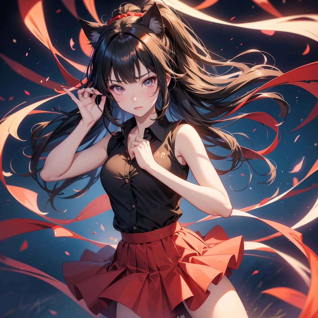 anime girl in a red skirt and black shirt posing for a picture, a hyperrealistic , hyperrealistic , realistic , anime moe artstyle, smooth anime cg art, makoto shinka, beautiful anime high school girl, makoto, anime visual of a cute girl, cute anime catgirl, seductive anime girl, from girls frontline
