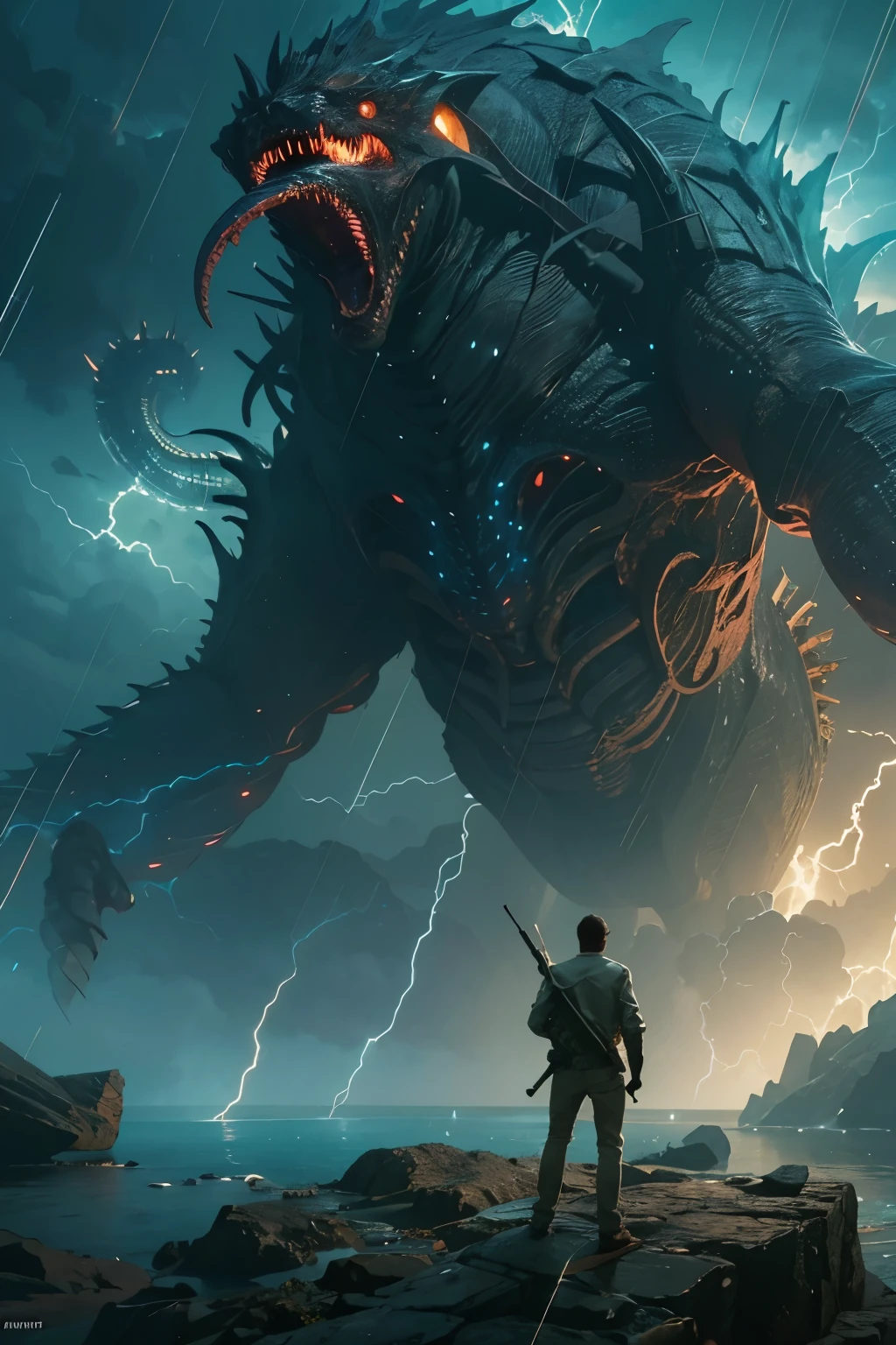 A very detailed painting, world under the sea, Depicts a man have a weapon on a hill gazing at a giant alien monster lightning rain breath, author:Shinkai Makoto, By Art Jem, From Wlop, author:Greg Rutkowski, Volumetric Lighting, Octane Rendering, 8K resolution, Popular on artstation, masterpiece ,flame magic,
Meteor shower