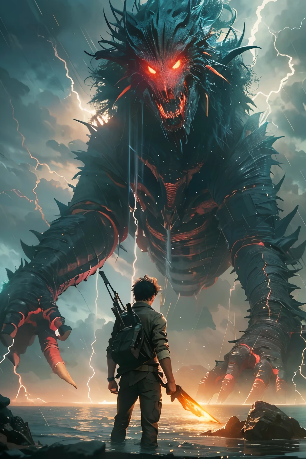 A very detailed painting,Depicts a man on a hill gazing at a giant alien monster, author:Shinkai Makoto, By Art Jem, From Wlop, author:Greg Rutkowski, Volumetric Lighting, Octane Rendering, 4K resolution, Popular on artstation, masterpiece