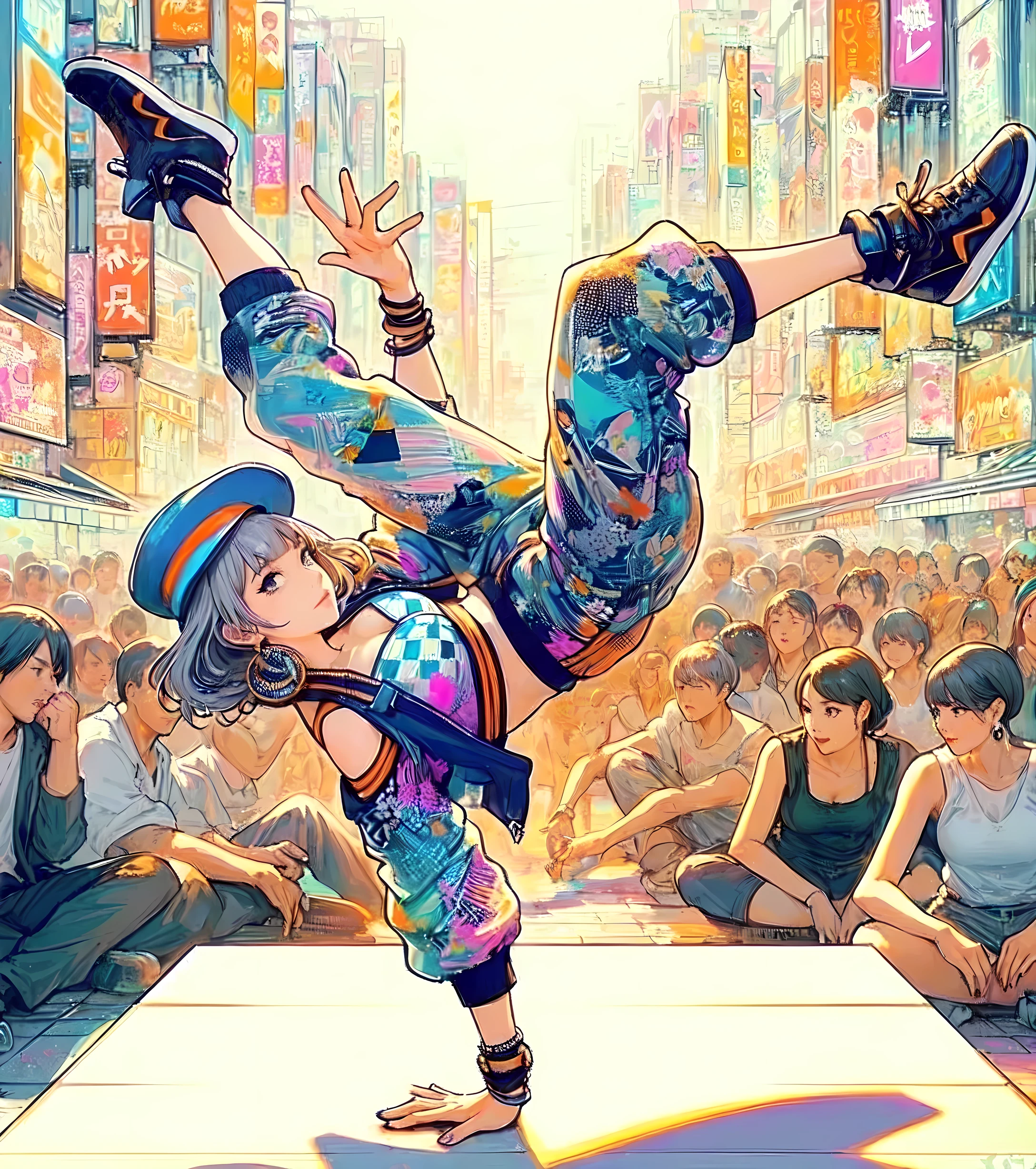 1lady solo, (dynamic posing) (breakdance), (one hand on the ground) (throwing body into the air) acrobatic (legs raised up), stylish outfit (chic and pop attire), (mature female:0.6), /(silver gray hair/) bangs, (light smile:0.8), (masterpiece best quality:1.2) delicate illustration ultra-detailed, large  BREAK (lively street) outdoors, square, audience, detailed background